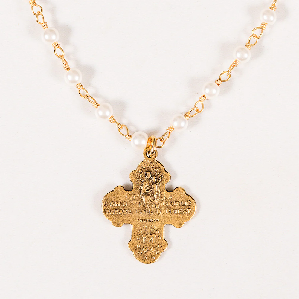 Beaded Freshwater Pearl & Four Way Cross Necklace - Image 2