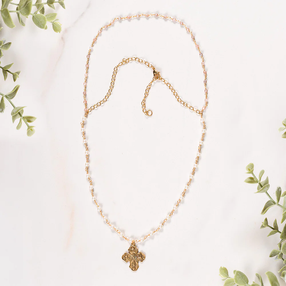 Beaded Freshwater Pearl & Four Way Cross Necklace - Image 3