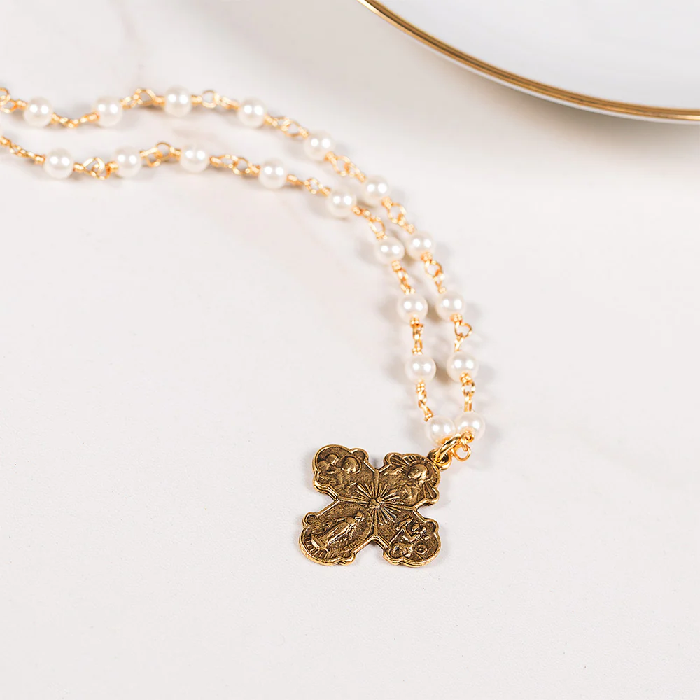 Beaded Freshwater Pearl & Four Way Cross Necklace - Image 4