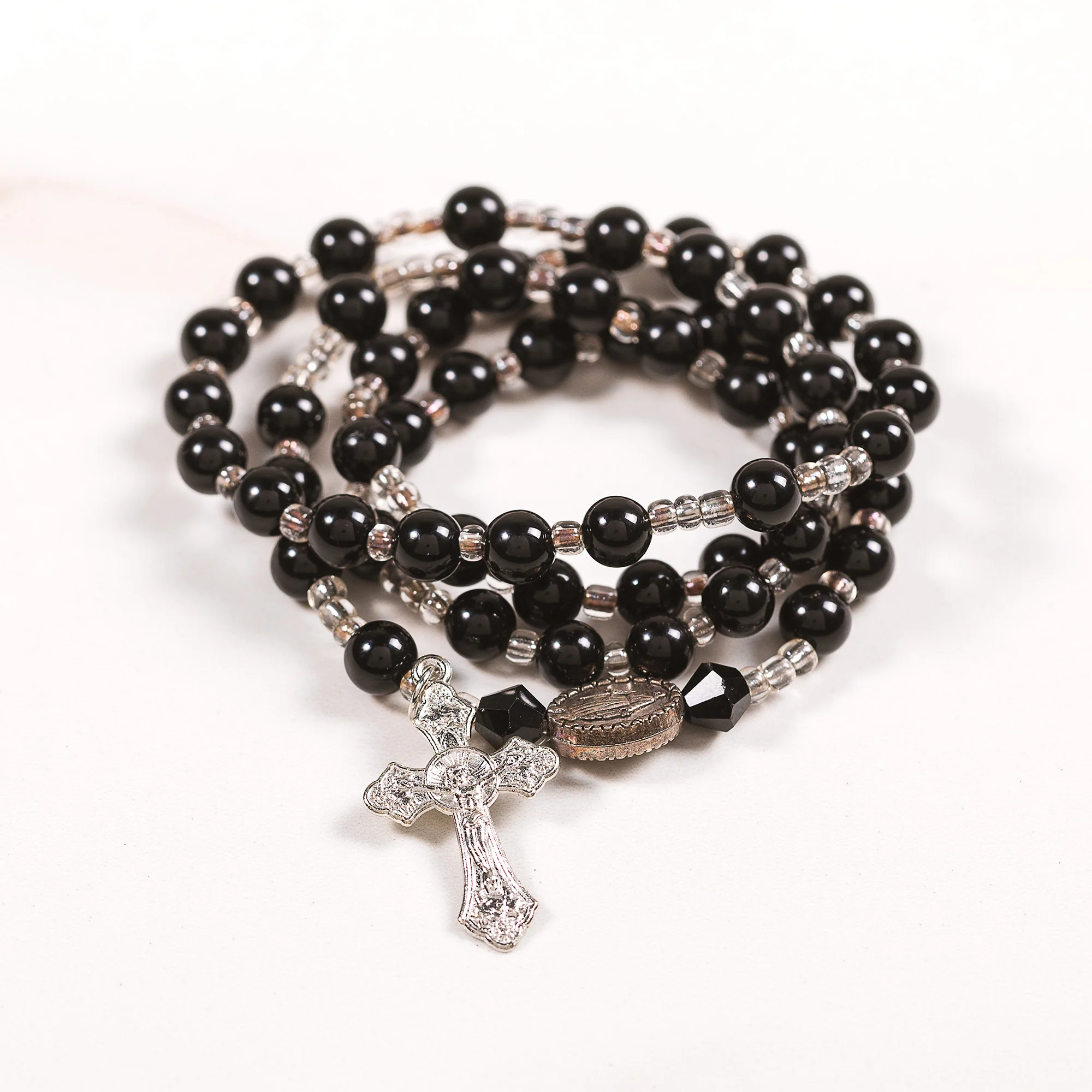 Black Agate Style Rosary Wrap Bracelet