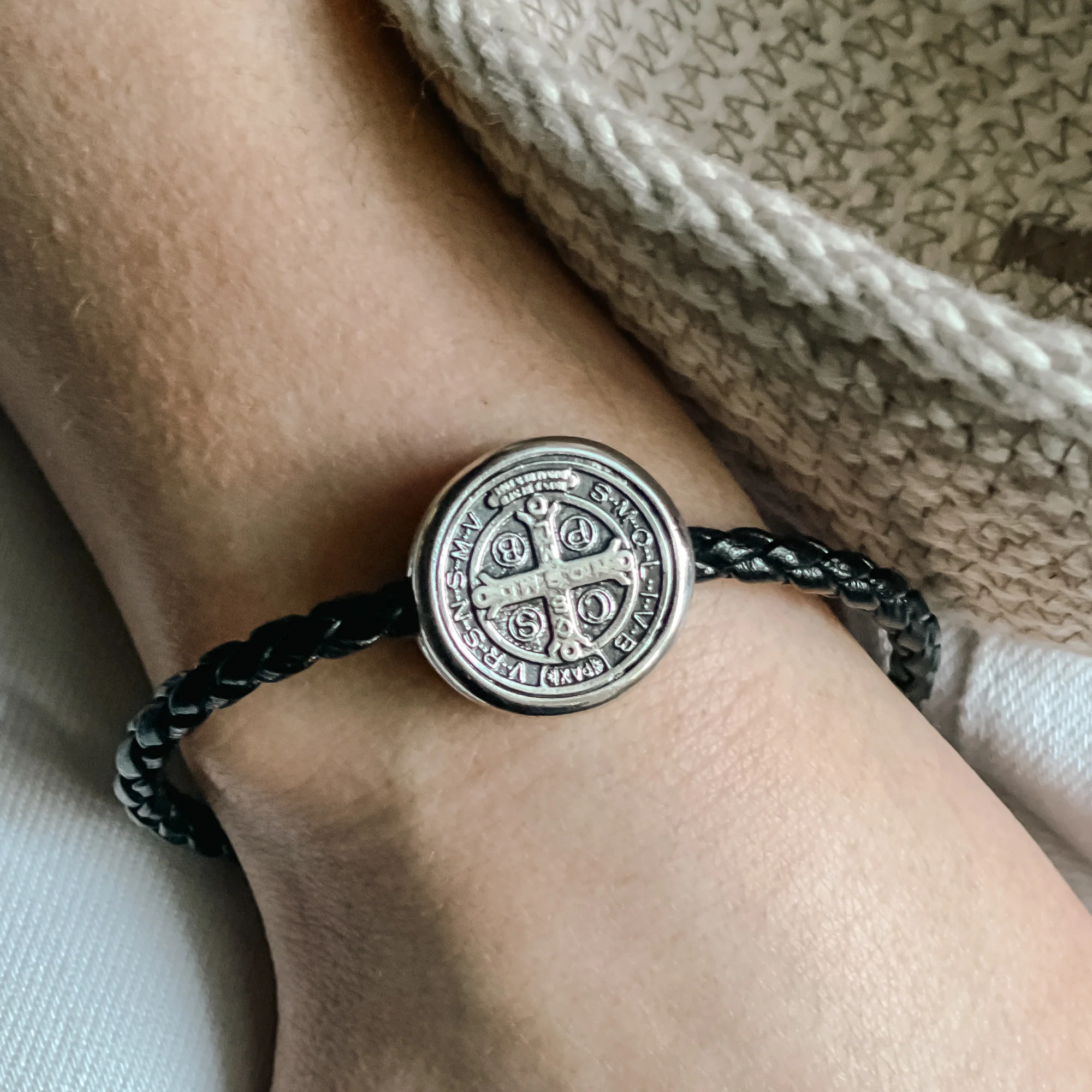 Black Braided Leather St. Benedict Medal Bracelet - Image 2