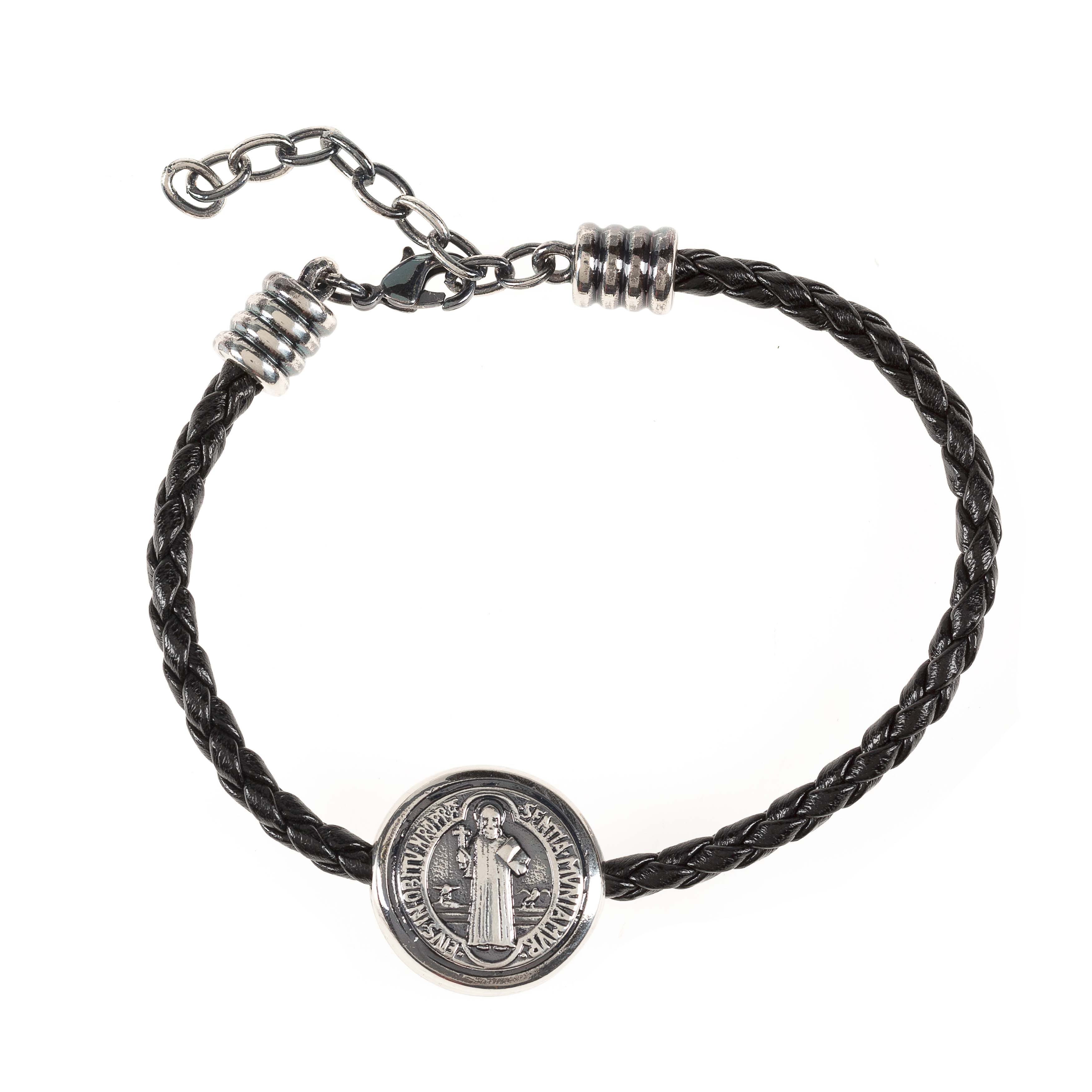 Black Braided Leather St. Benedict Medal Bracelet - Image 3