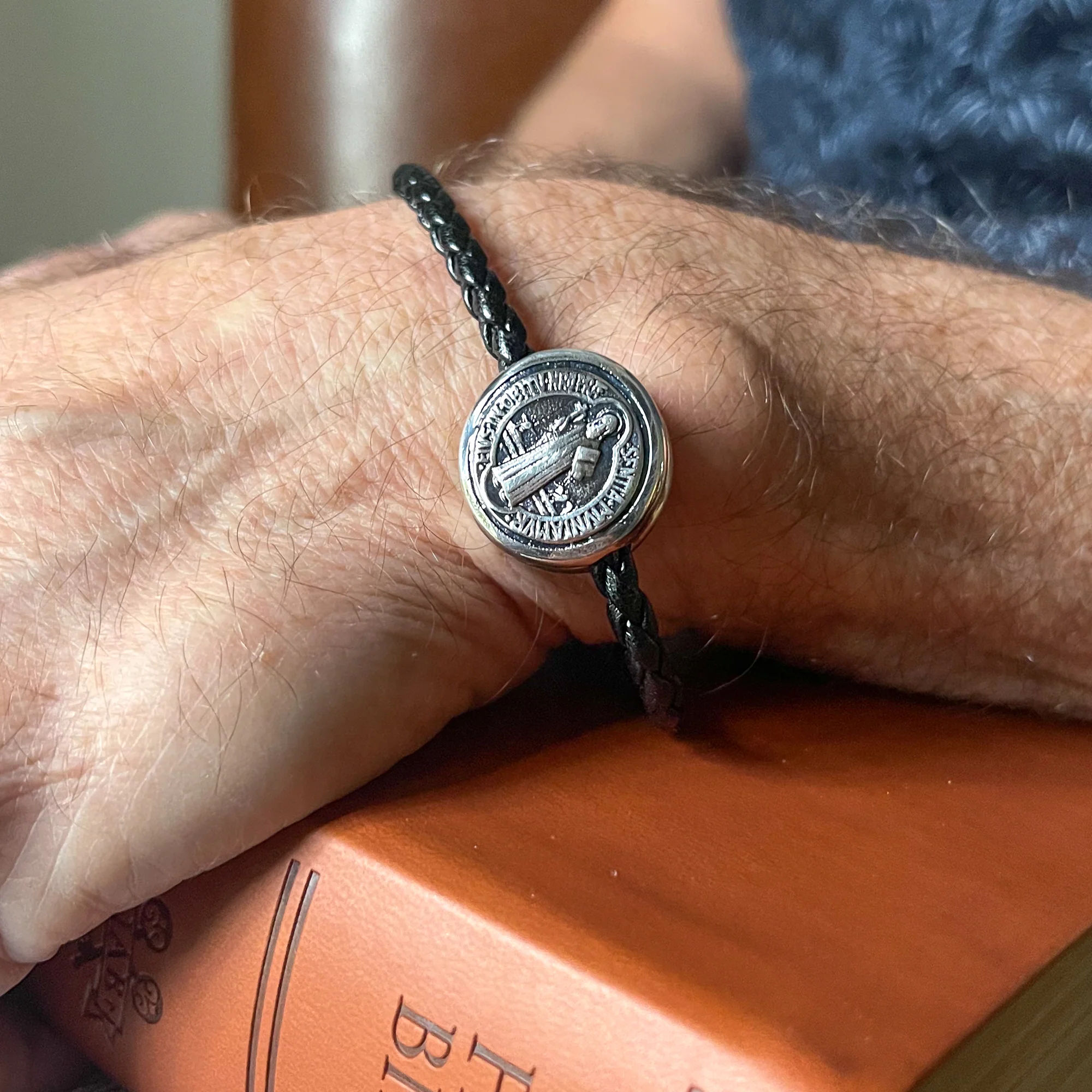Black Braided Leather St. Benedict Medal Bracelet - Image 4