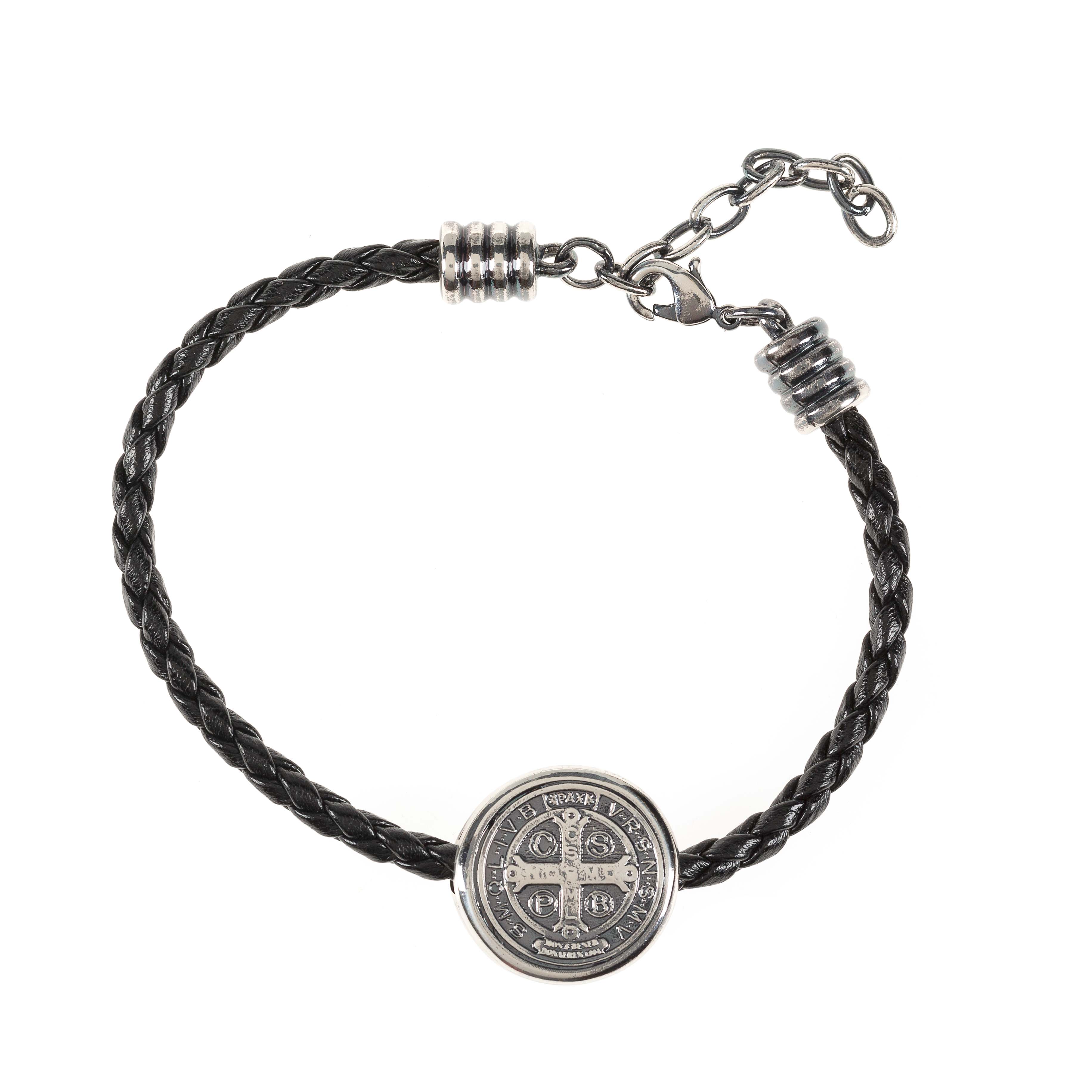 Black Braided Leather St. Benedict Medal Bracelet - Image 5