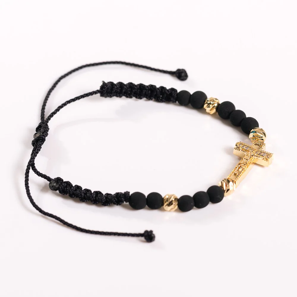 Black Cord Bracelet with Gold Crucifix - Image 2