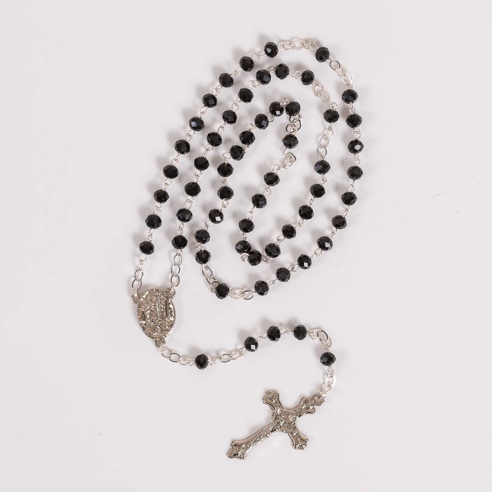 Black Crystal St. Bernadette & Our Lady of Lourdes Rosaries - 12 Pack