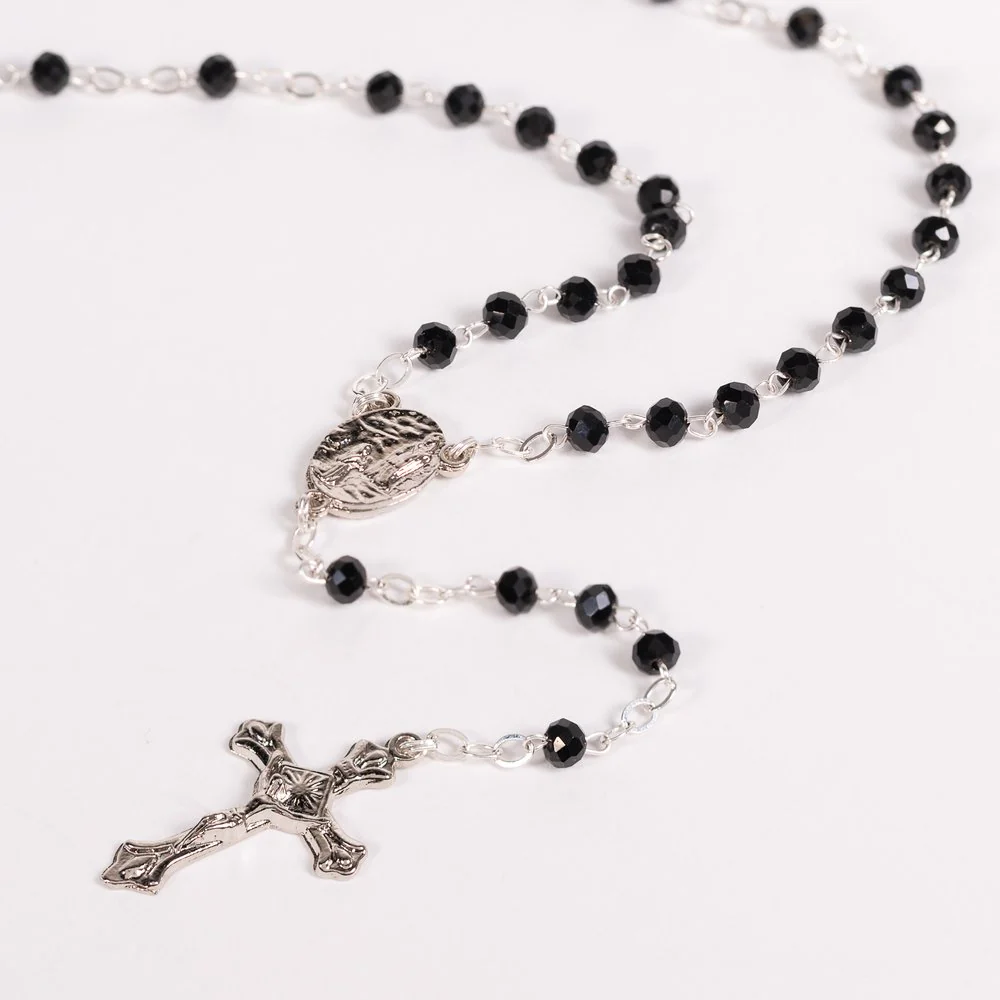 Black Crystal St. Bernadette & Our Lady of Lourdes Rosaries - 12 Pack - Image 2
