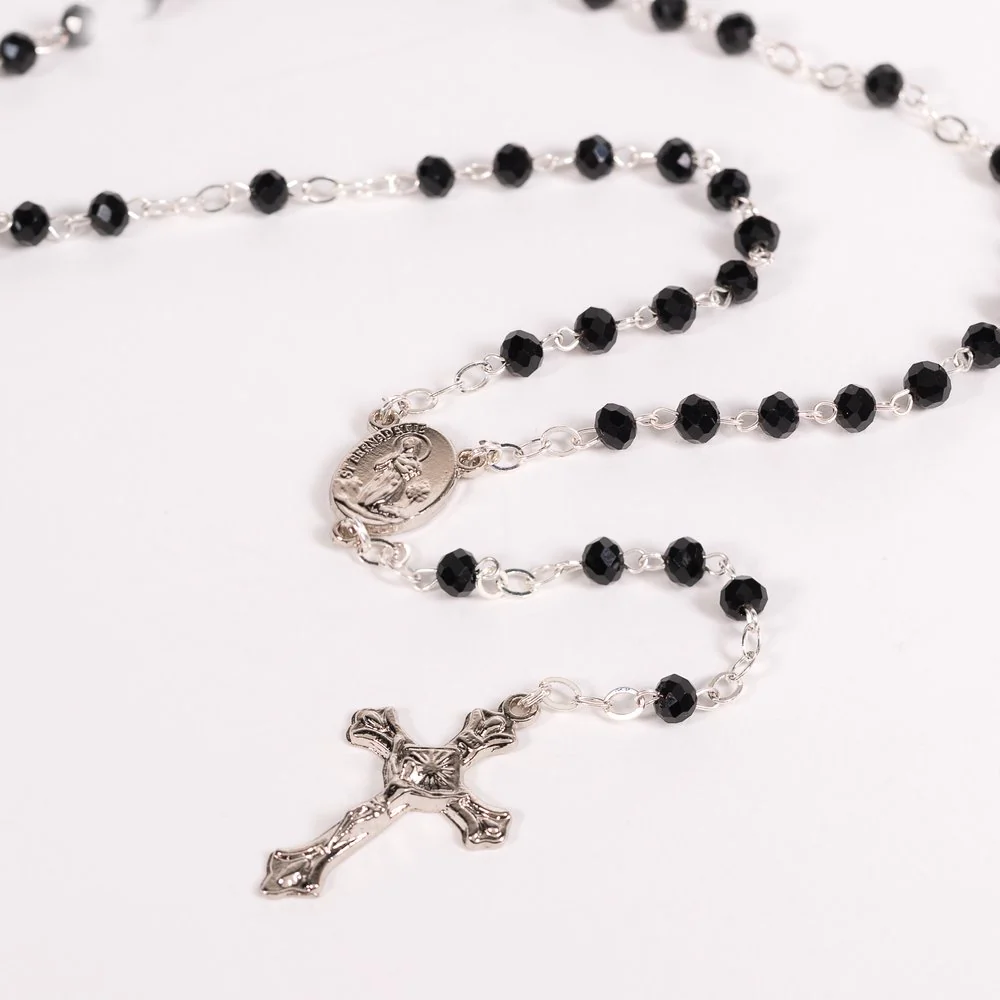 Black Crystal St. Bernadette & Our Lady of Lourdes Rosaries - 12 Pack - Image 3