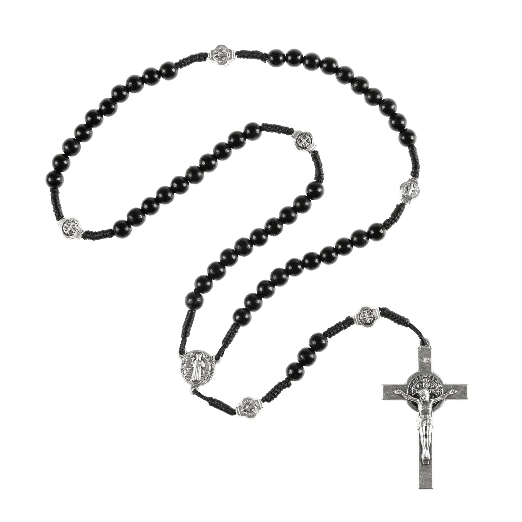 Black St. Benedict Wood Bead Corded Rosary - Image 2