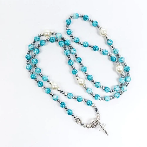Blue and Silver Bead Rosary Wrap Bracelet - Image 3