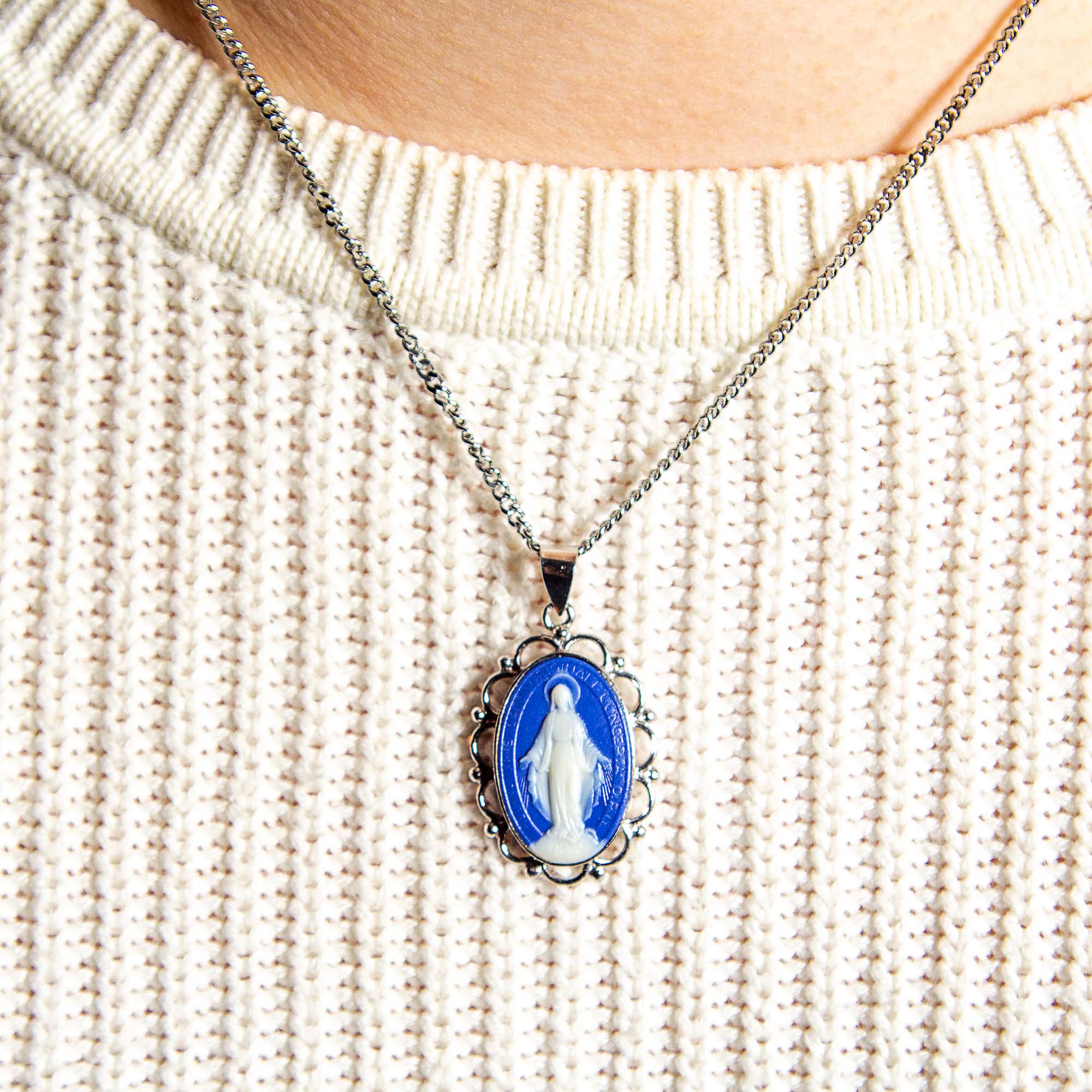 Blue Cameo Our Lady of Grace Necklace - Gold or Silver - Image 3