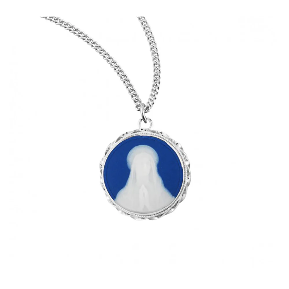 Blue Cameo Our Lady of Lourdes Silver Necklace