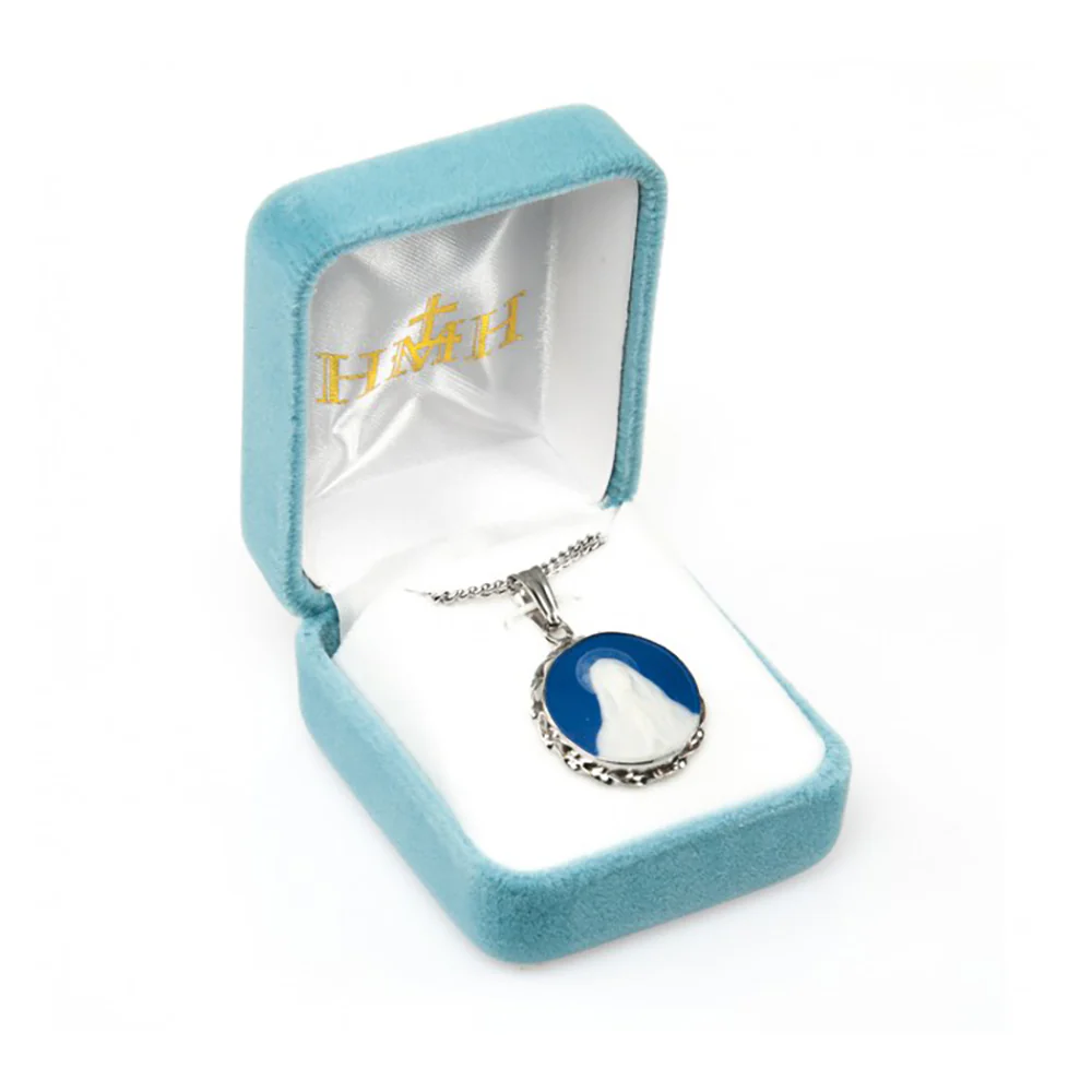Blue Cameo Our Lady of Lourdes Silver Necklace - Image 2