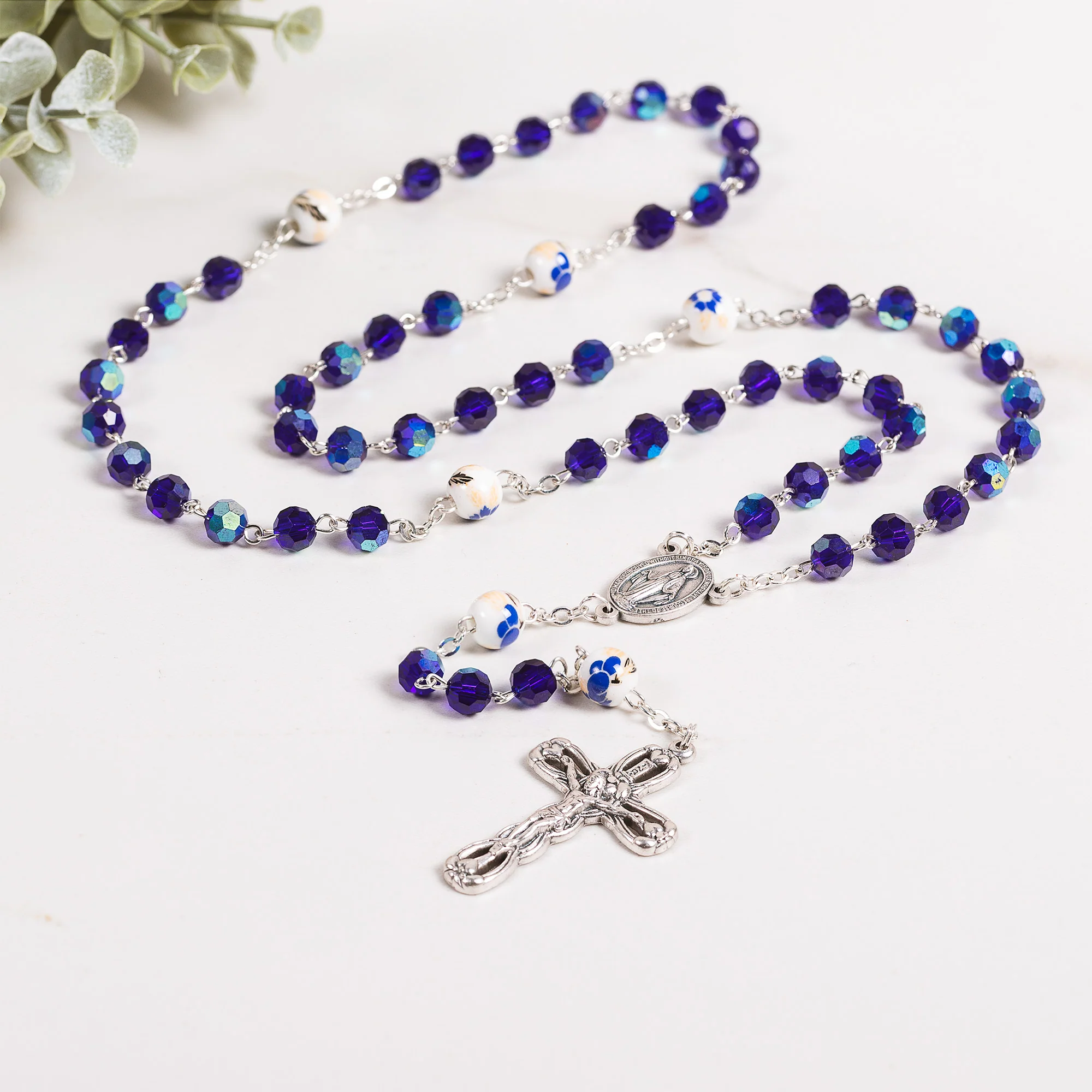 Blue Crystal & Floral Bead Miraculous Medal Rosary - Image 2