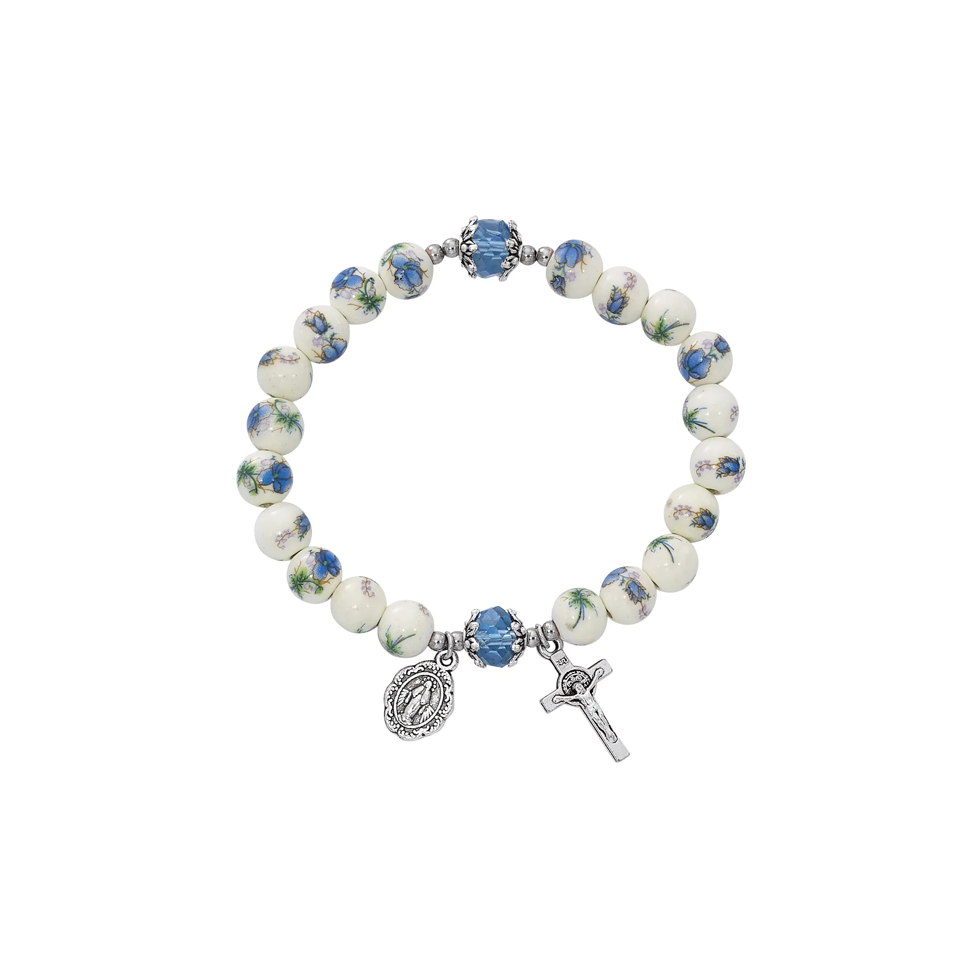 Blue Floral Ceramic Stretch Rosary Bracelet - Image 2
