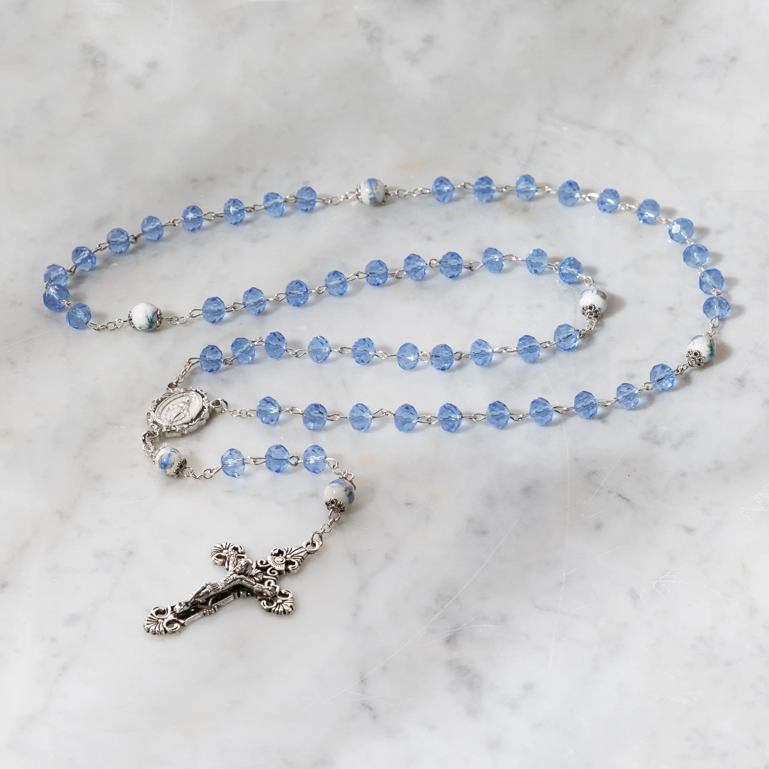 Blue Floral Miraculous Medal Rosary - Image 2