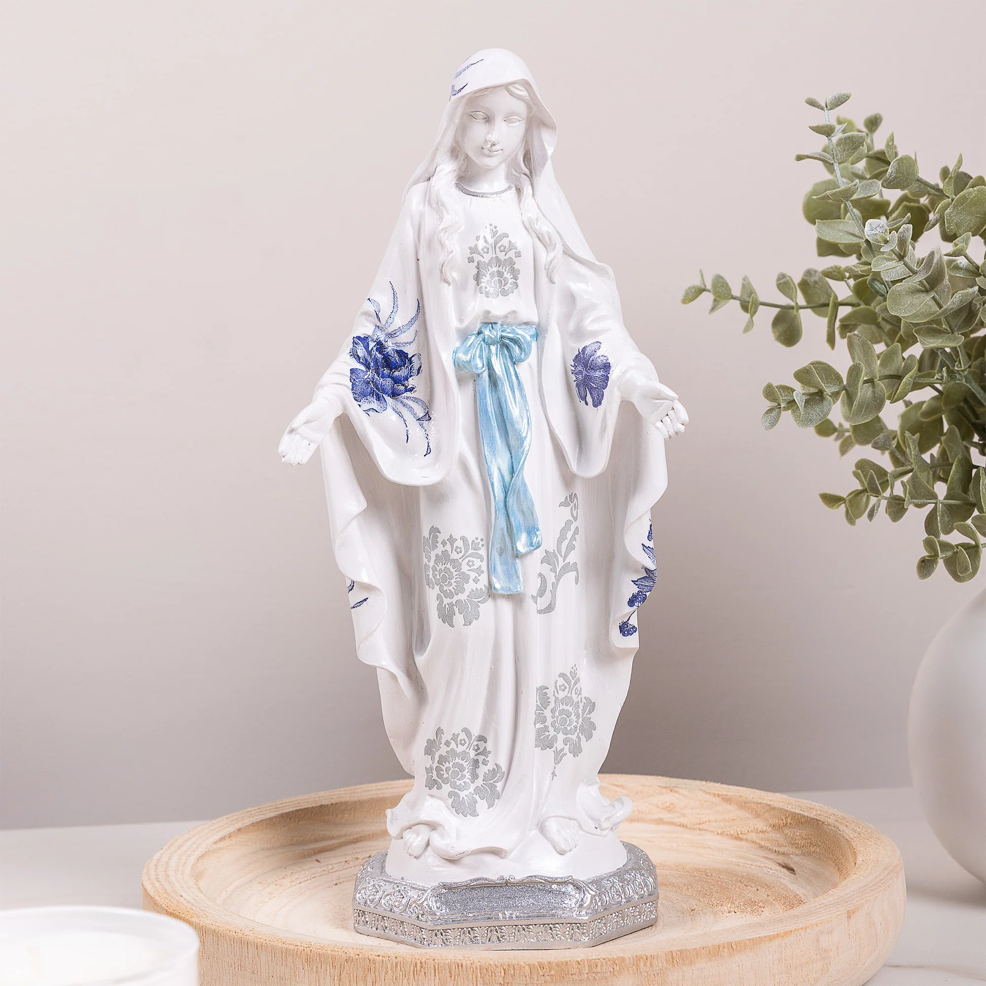 Blue Floral Our Lady of Grace Statue - 12"