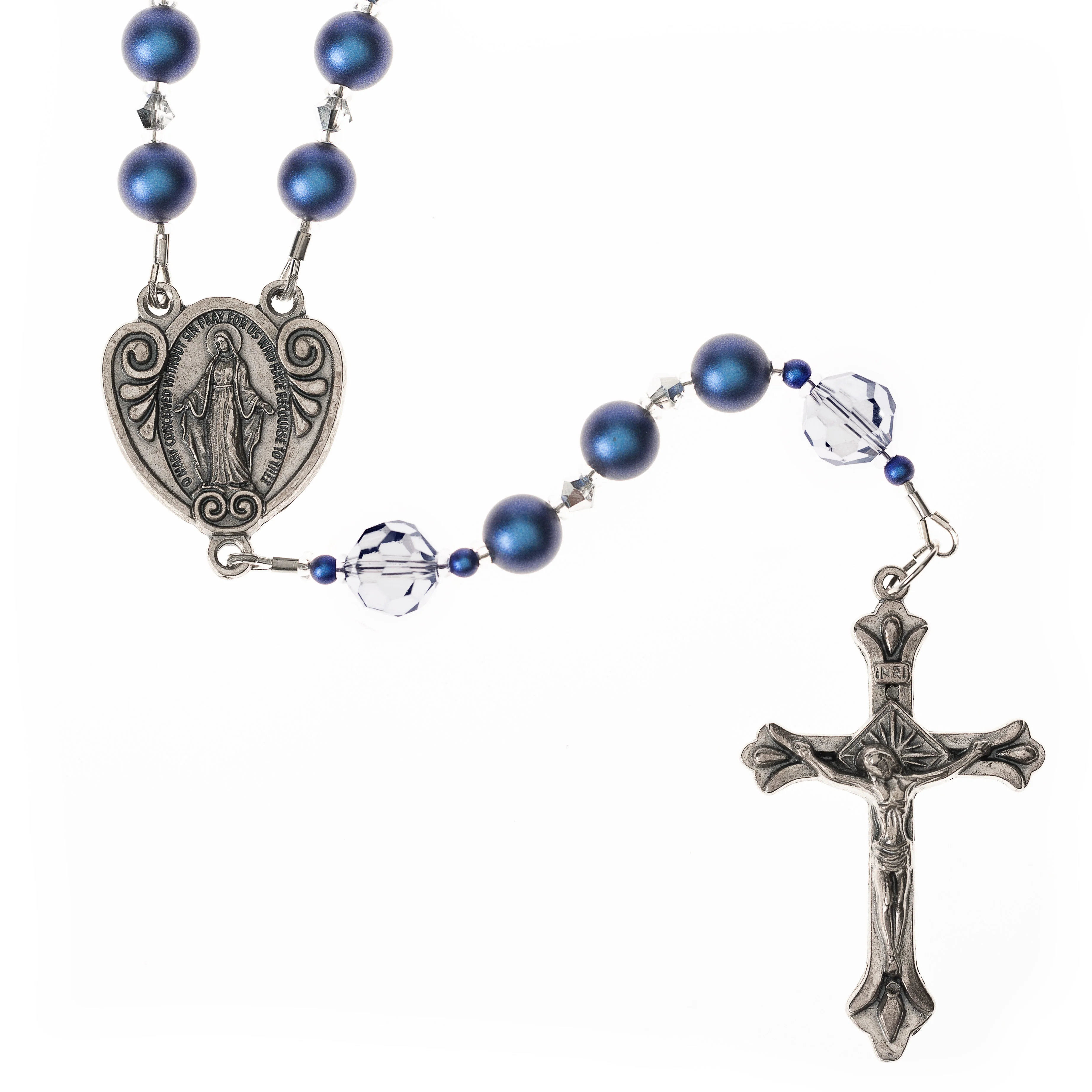 Blue Glass Pearl Miraculous Medal Rosary - Image 2