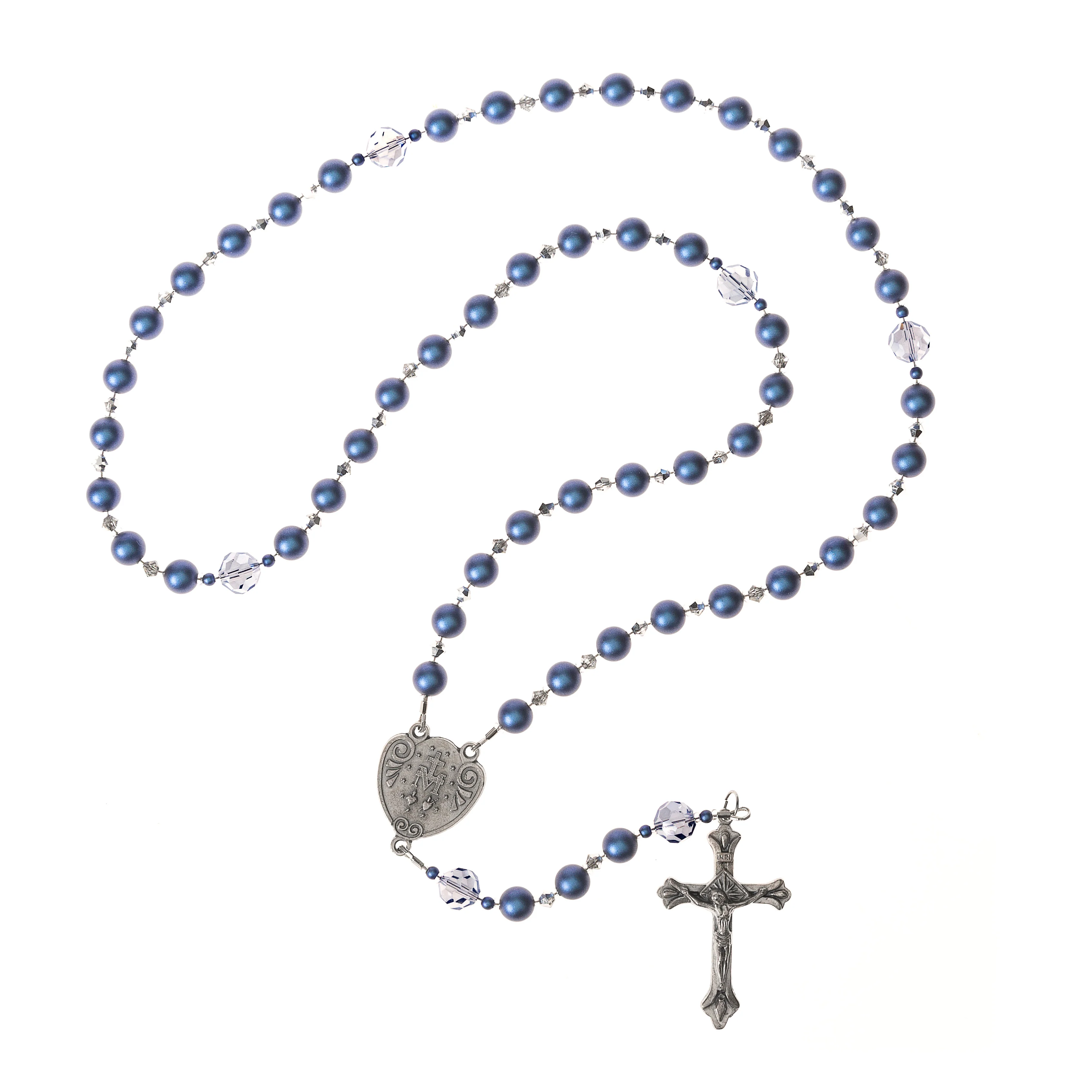 Blue Glass Pearl Miraculous Medal Rosary - Image 3