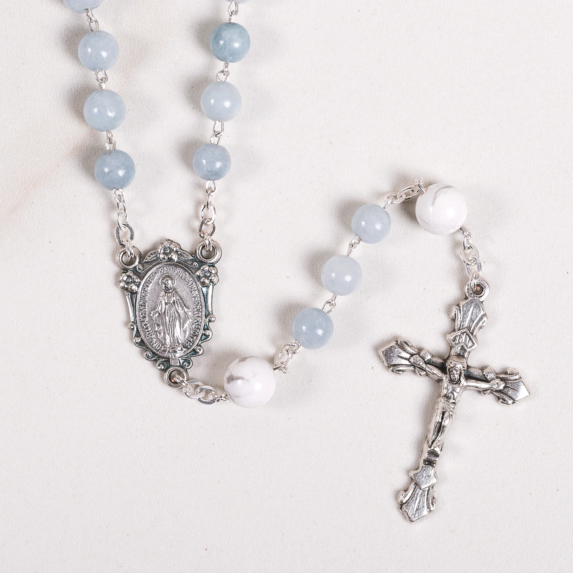Blue Gray Angelite & Aulite Miraculous Medal Gemstone Rosary - Image 4
