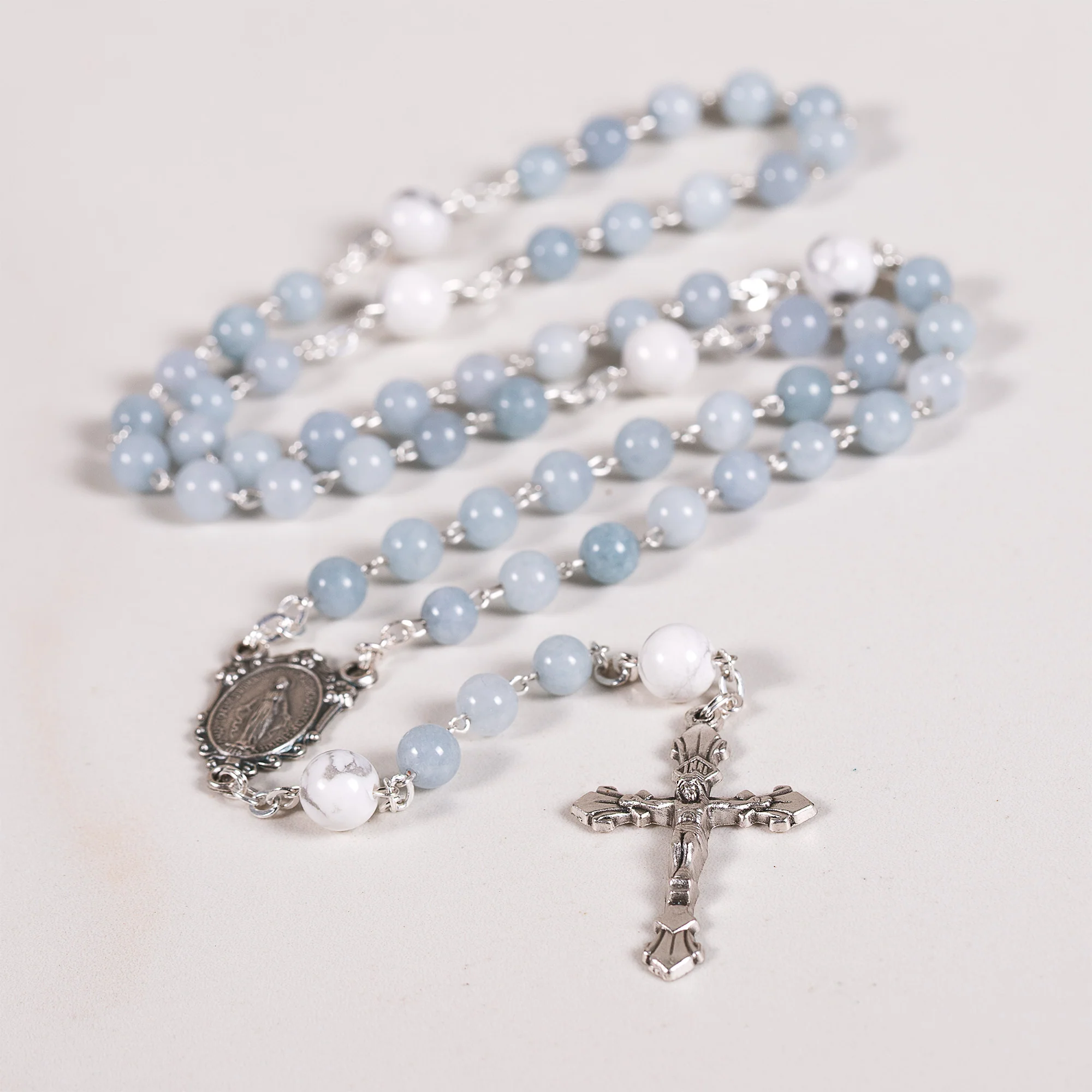 Blue Gray Angelite & Aulite Miraculous Medal Gemstone Rosary - Image 5