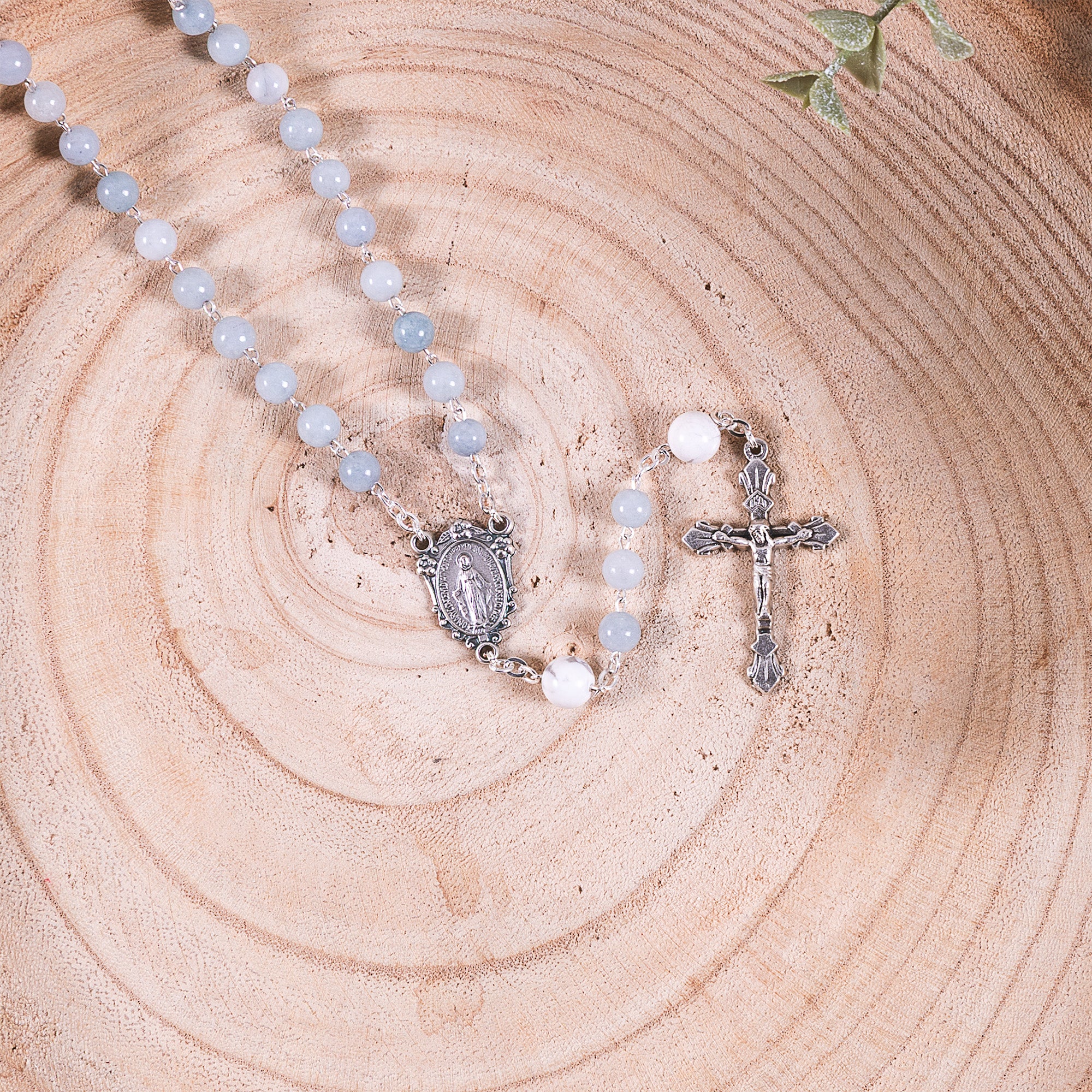 Blue Gray Angelite & Aulite Miraculous Medal Gemstone Rosary - Image 7