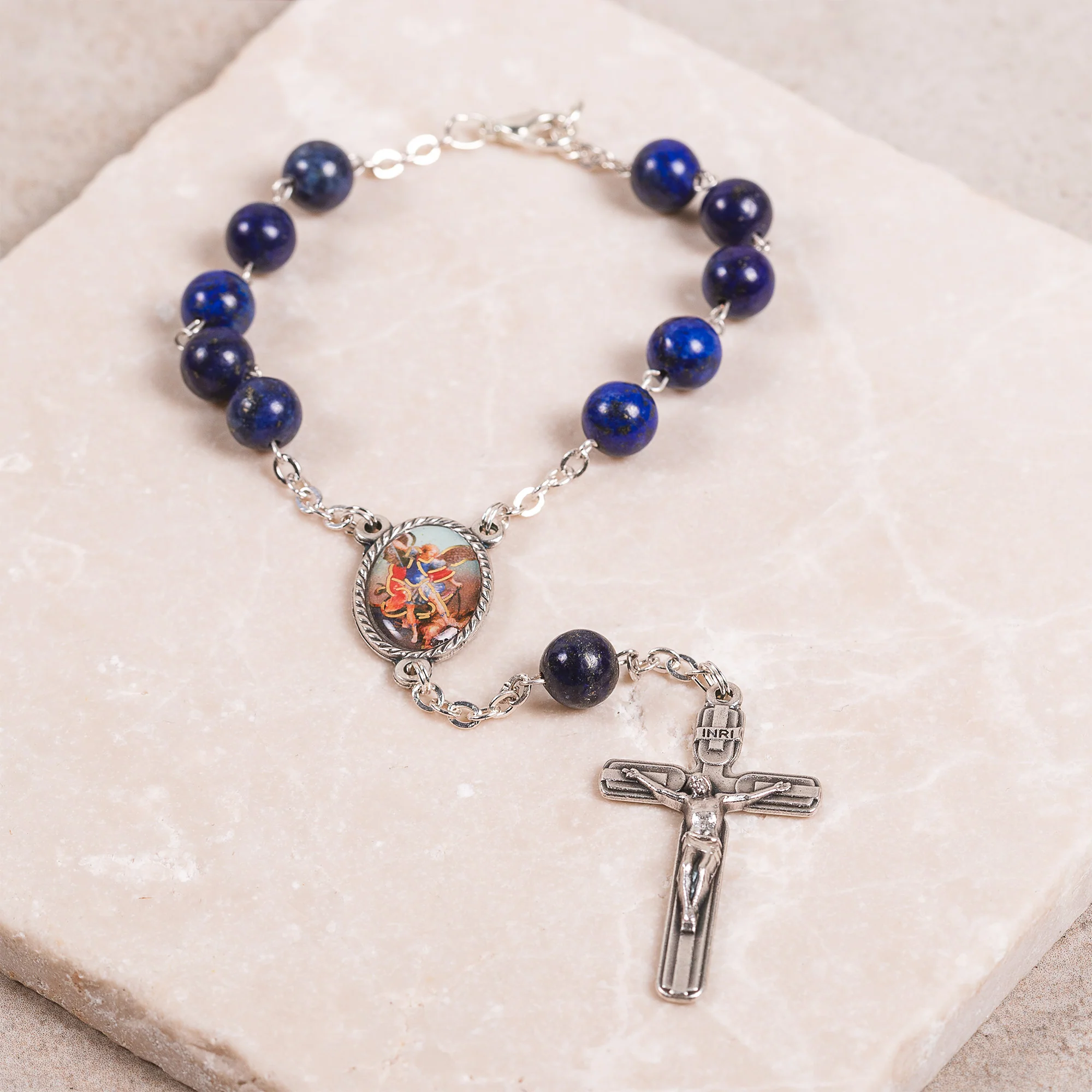Blue Lapis Gemstone St. Michael Auto Rosary - Image 2