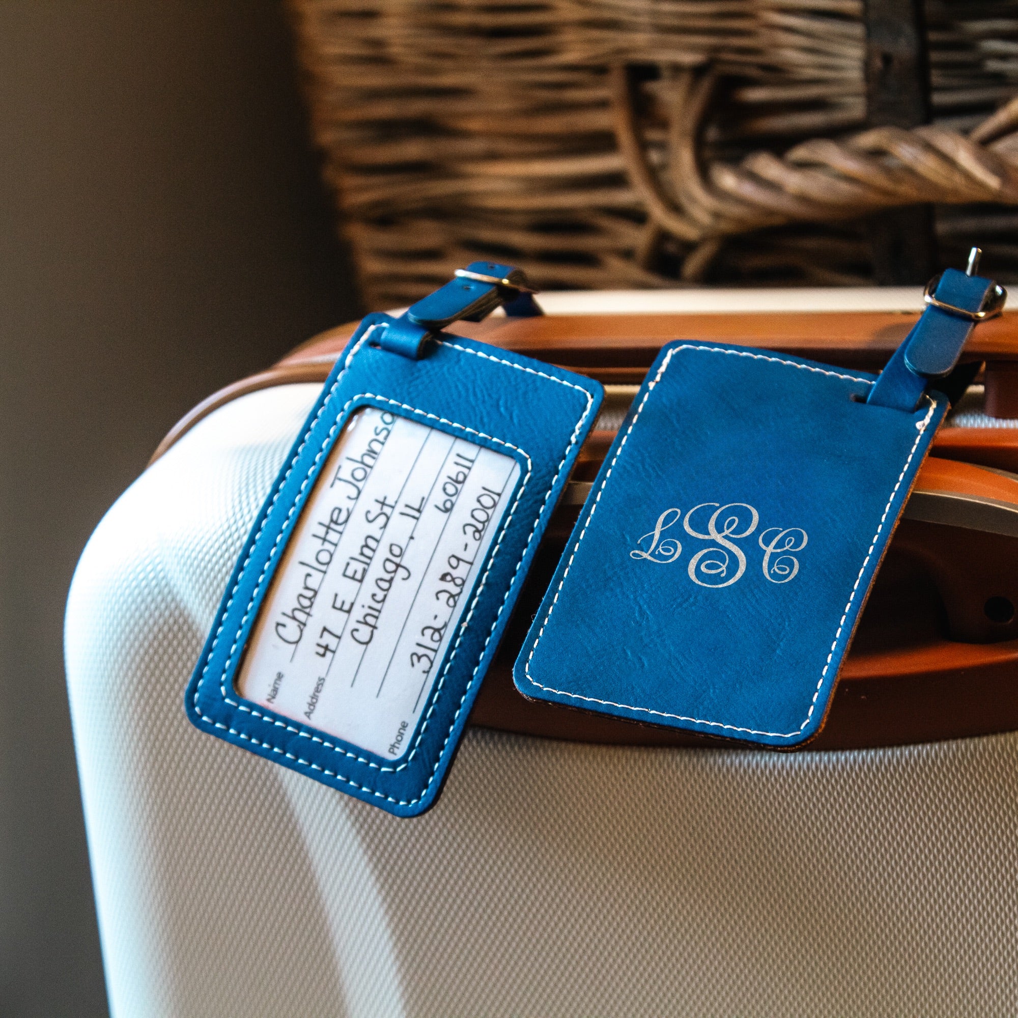Blue Monogrammed Luggage Tags - Set of 2
