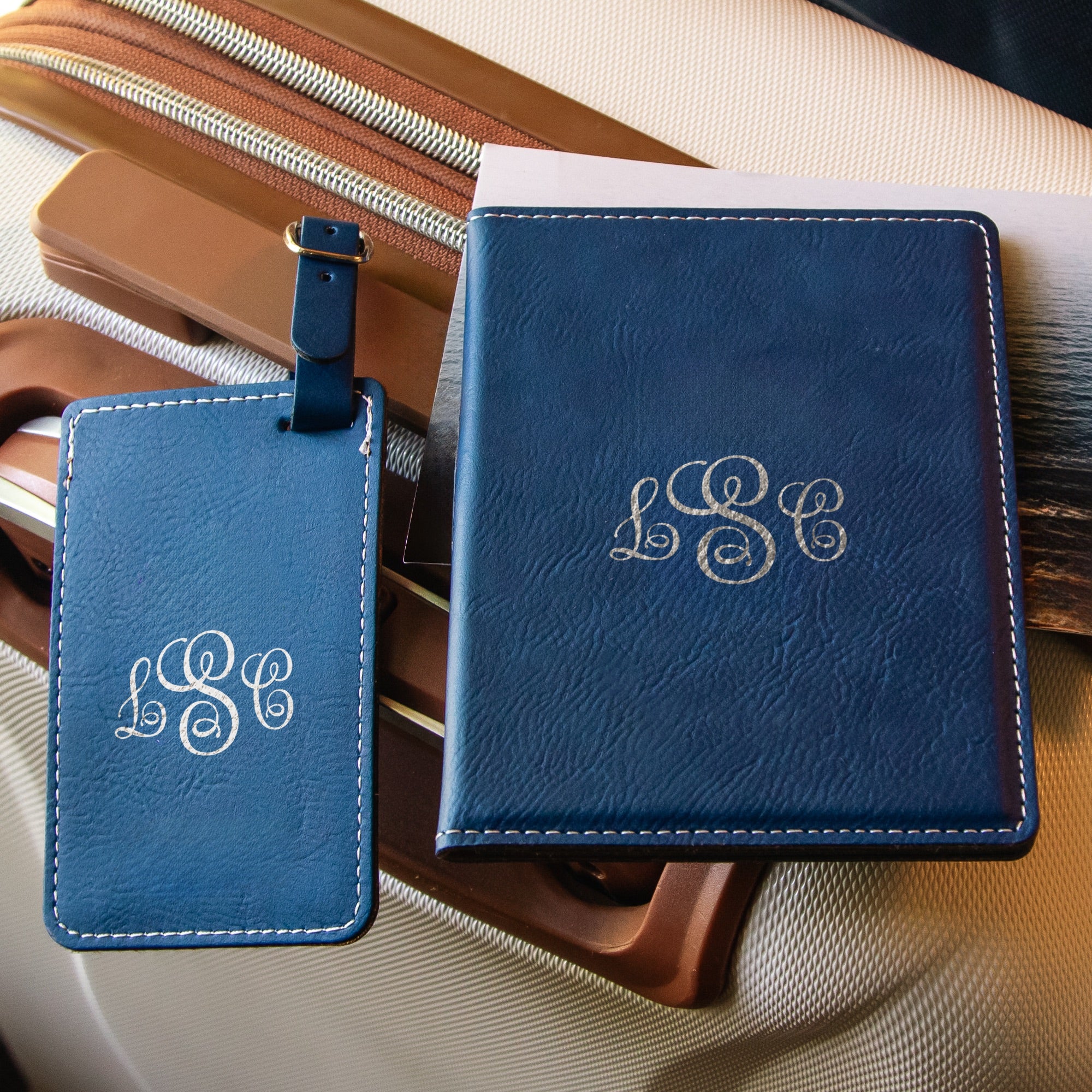 Blue Monogrammed Passport Cover & Luggage Tag Set - 2 Pieces