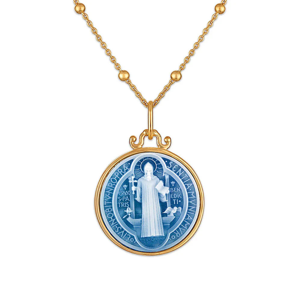 Blue Stone Cameo St. Benedict Medal Necklace