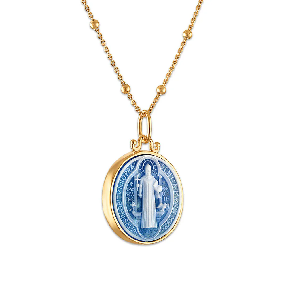 Blue Stone Cameo St. Benedict Medal Necklace - Image 2