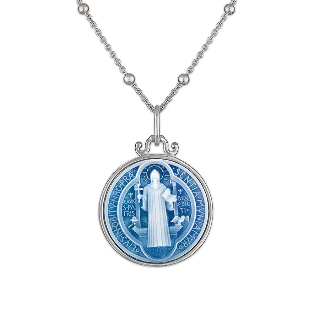 Blue Stone Cameo St. Benedict Medal Necklace - Image 6