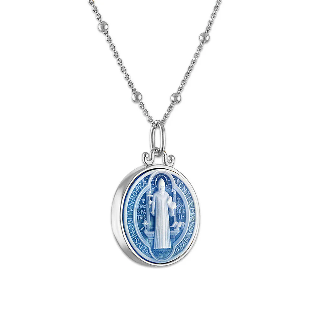 Blue Stone Cameo St. Benedict Medal Necklace - Image 7