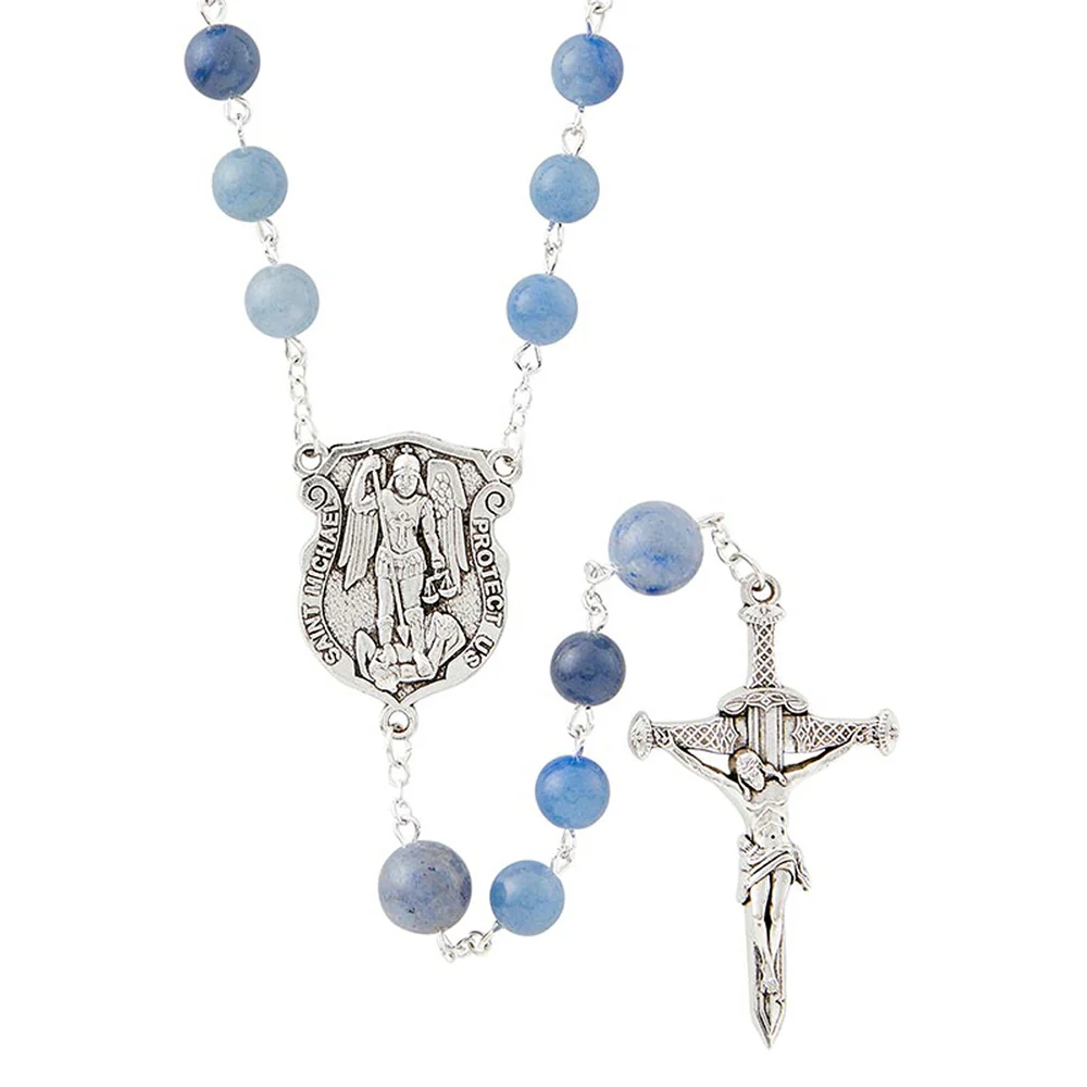 Blue Stone St. Michael Rosary with Sword Crucifix - Image 2