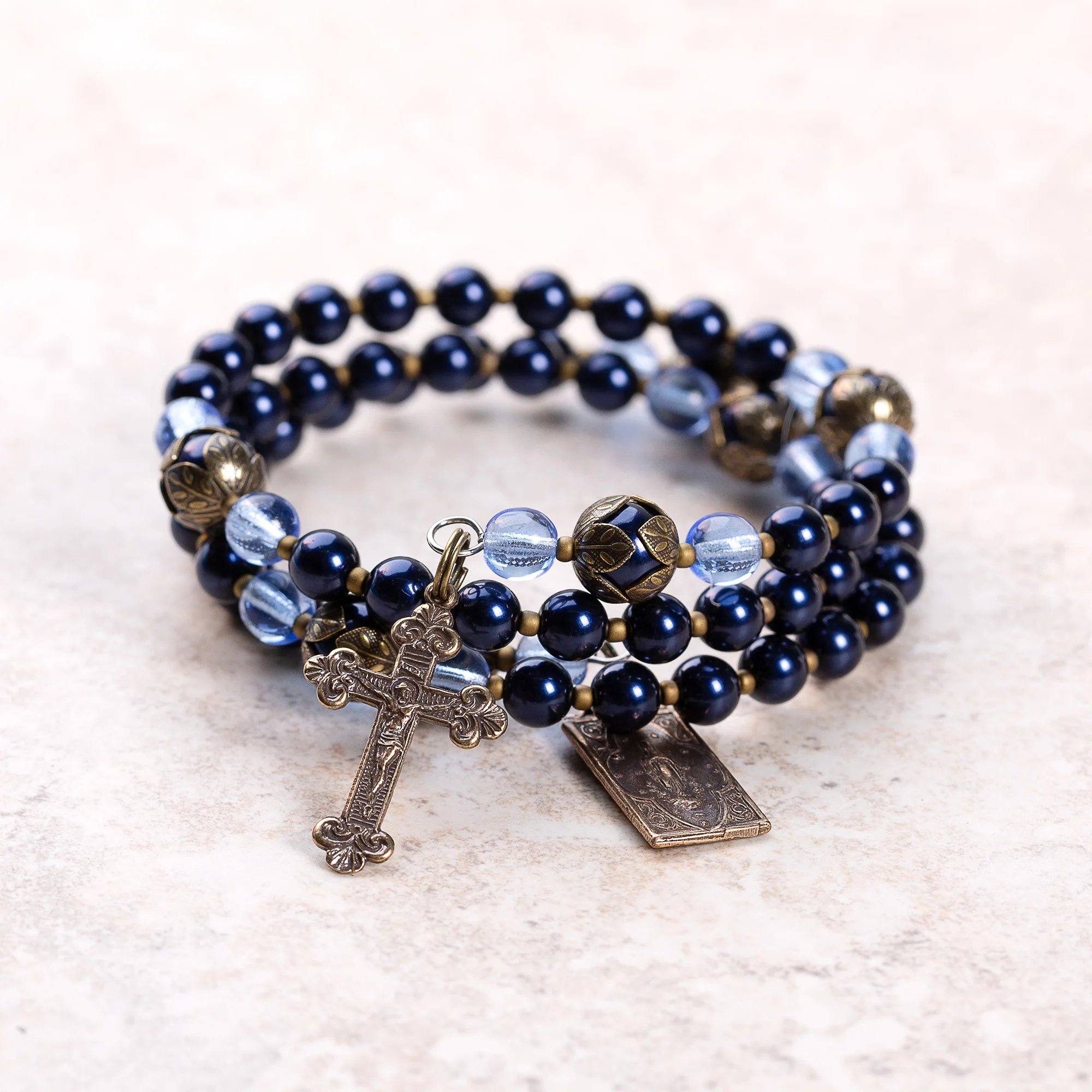 Blue Swarovski Scapular Full Rosary Wrap Bracelet - Image 2