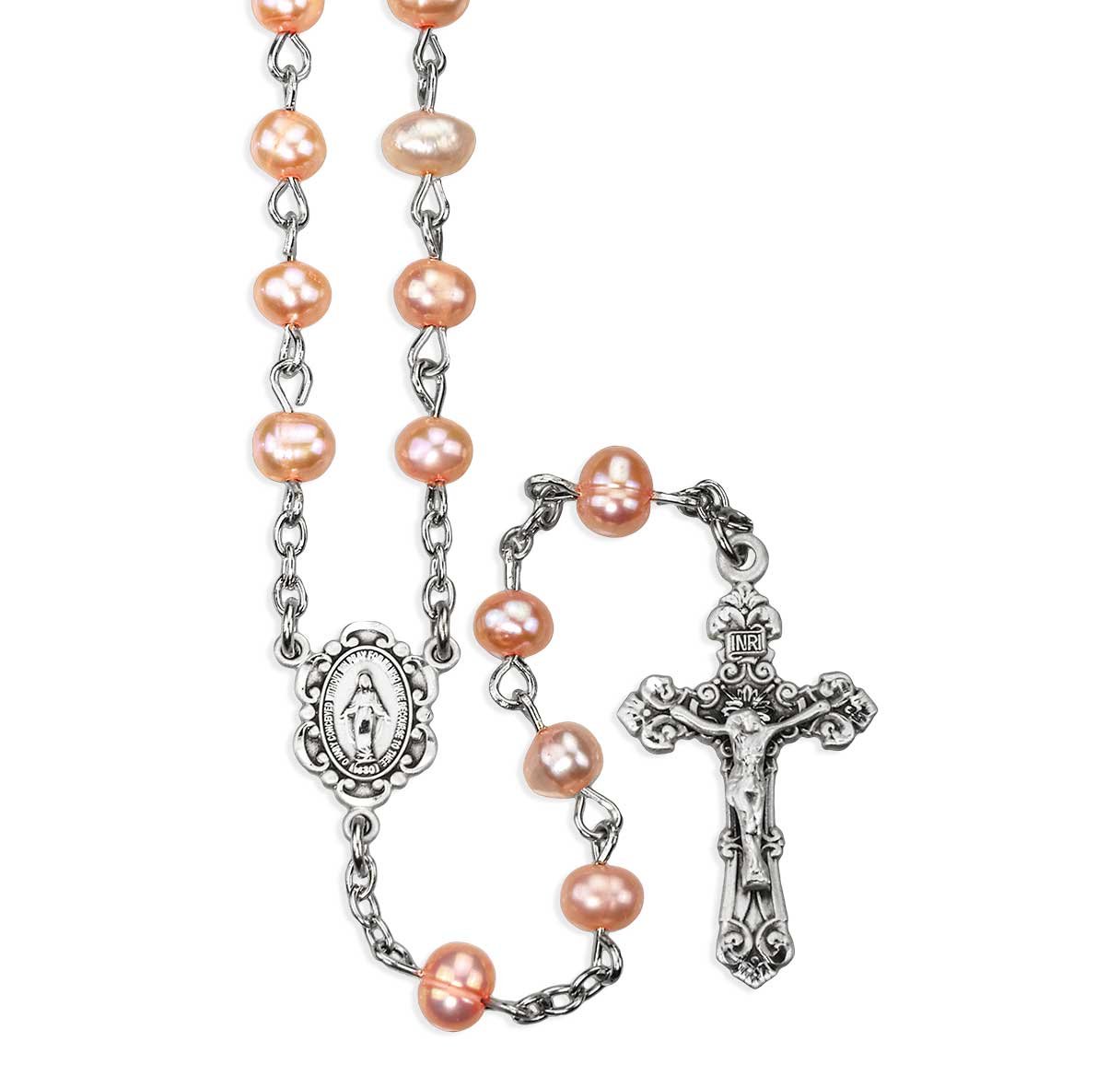 Blush Freshwater Pearl Miraculous Medal Rosary - Image 2