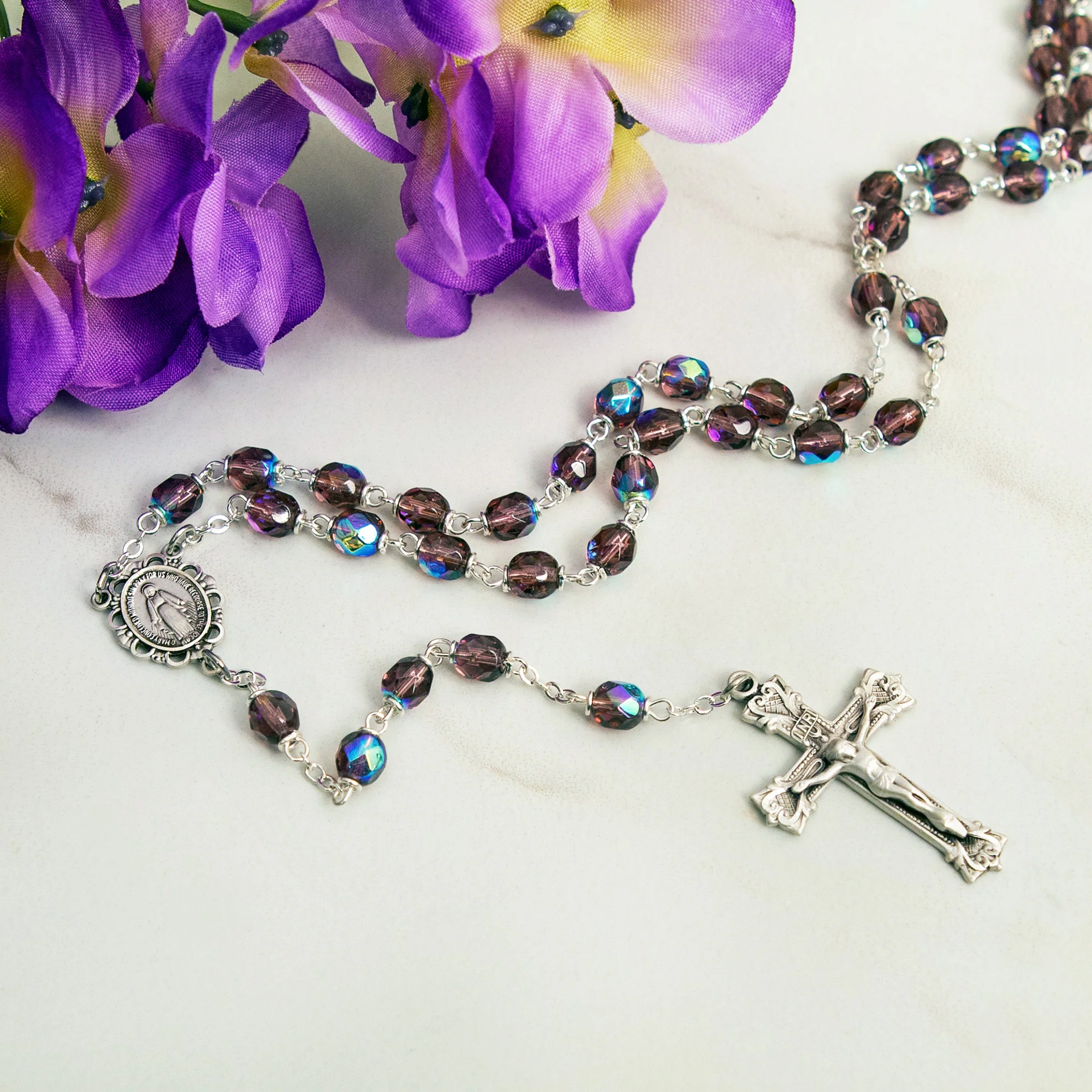 Bohemian Glass Birthstone Rosary – Amethyst / February