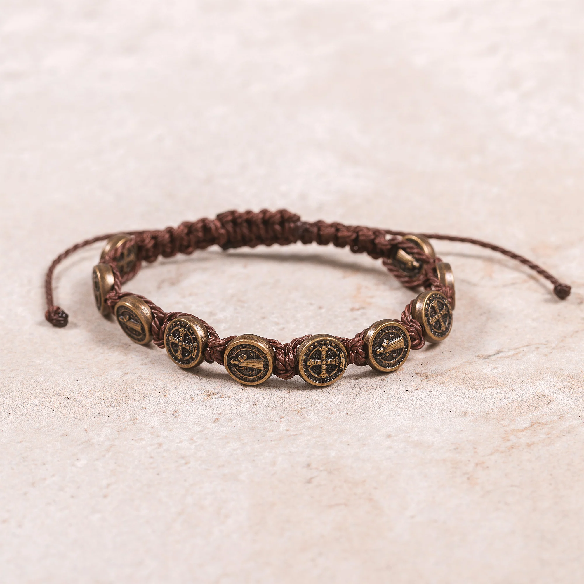 Brown Cord Bronze Finish St. Benedict Bracelet