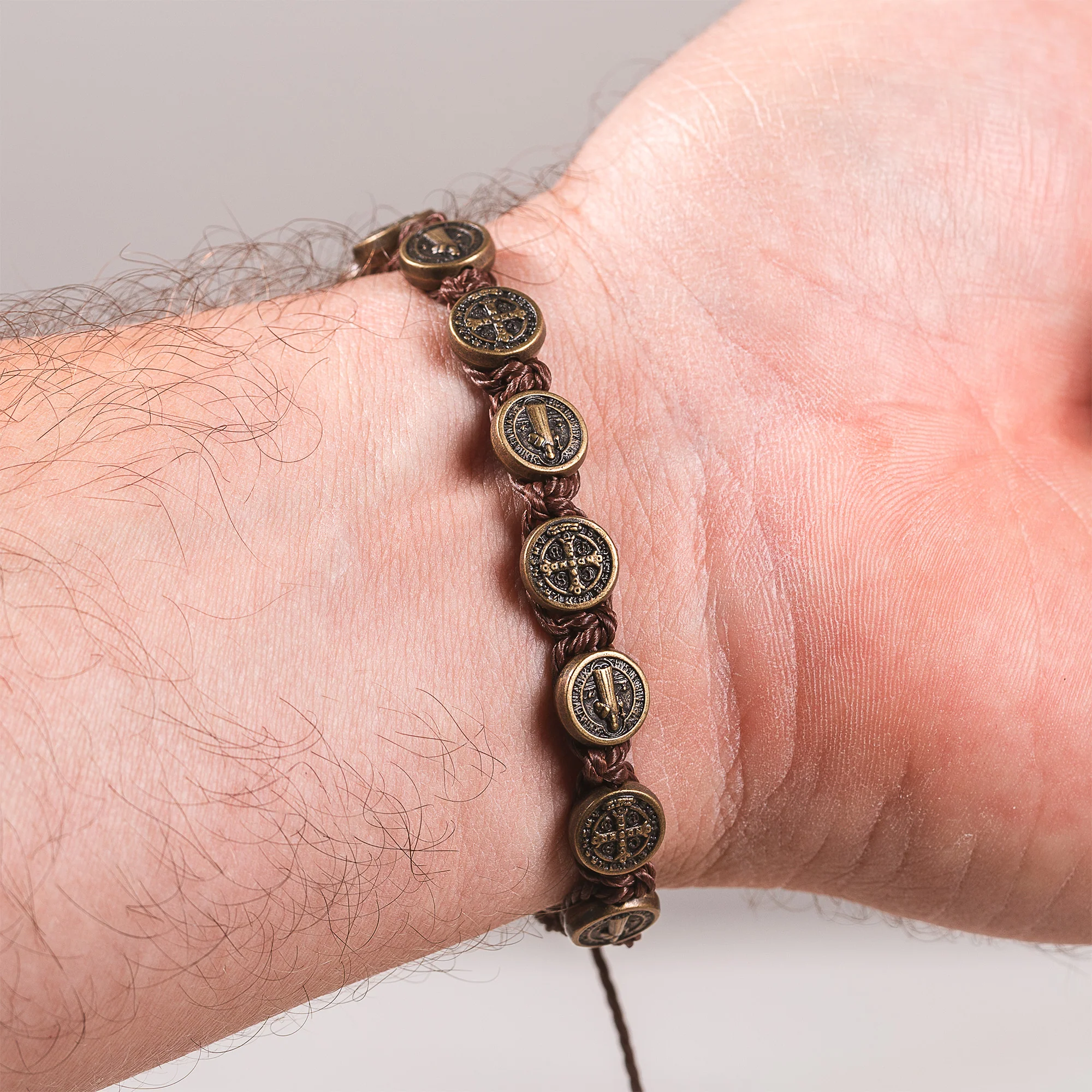 Brown Cord Bronze Finish St. Benedict Bracelet - Image 2