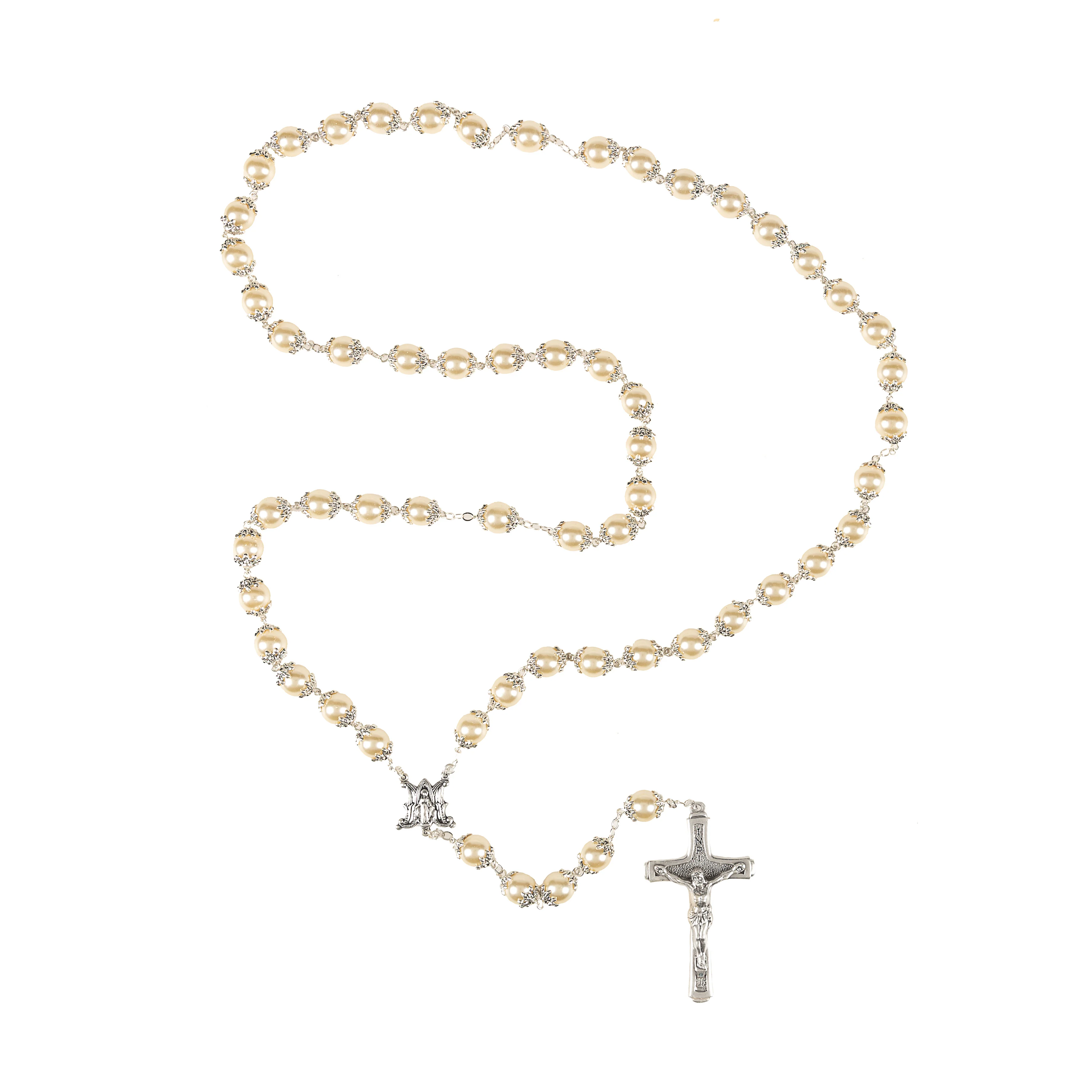 Capped Pearl Rosary with Marian Monogram Center - Image 2