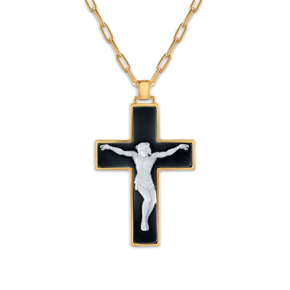 Carved Black & White Cameo Crucifix Necklace