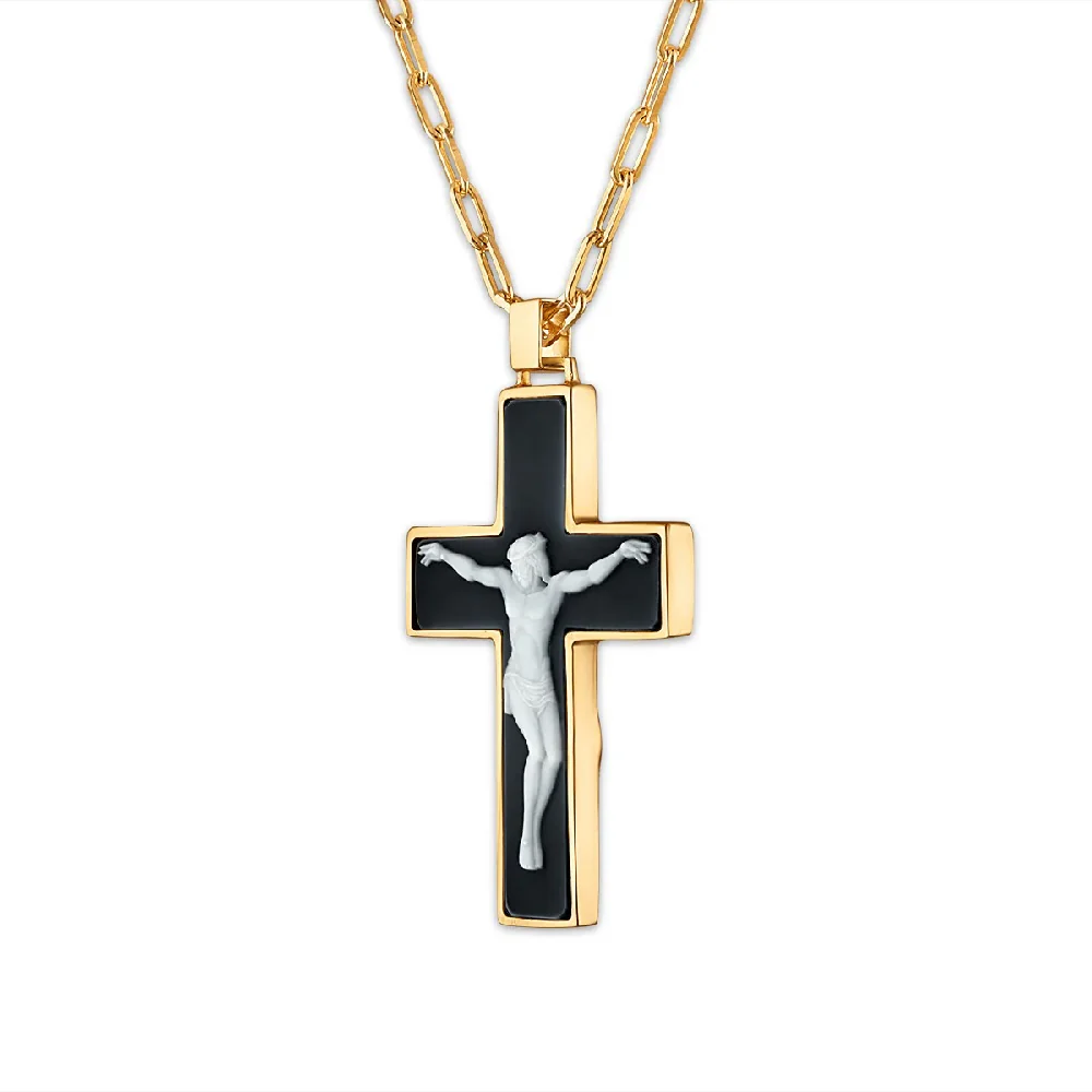 Carved Black & White Cameo Crucifix Necklace - Image 2