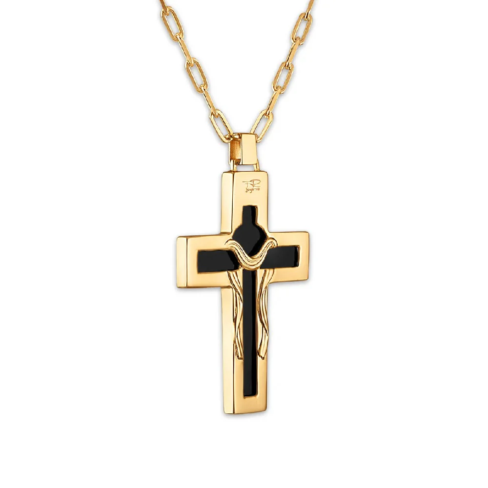 Carved Black & White Cameo Crucifix Necklace - Image 3