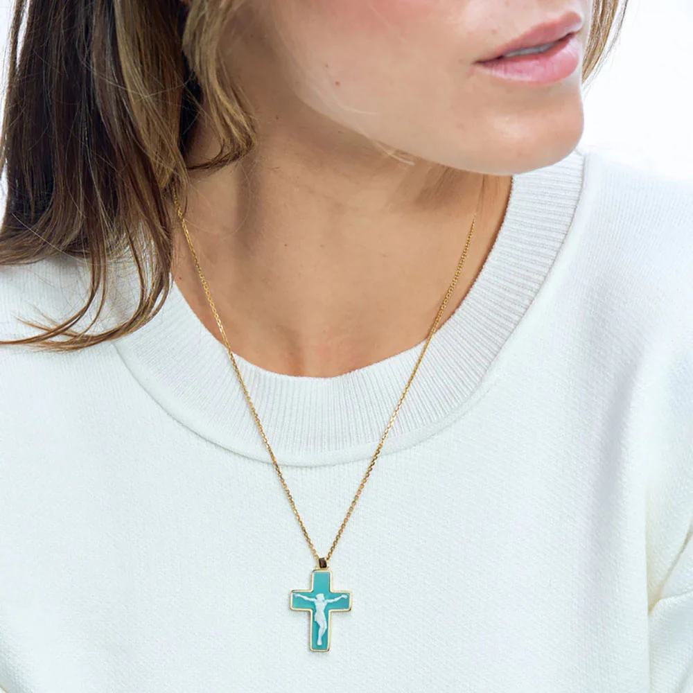 Carved Blue & White Cameo Crucifix Necklace - Image 2