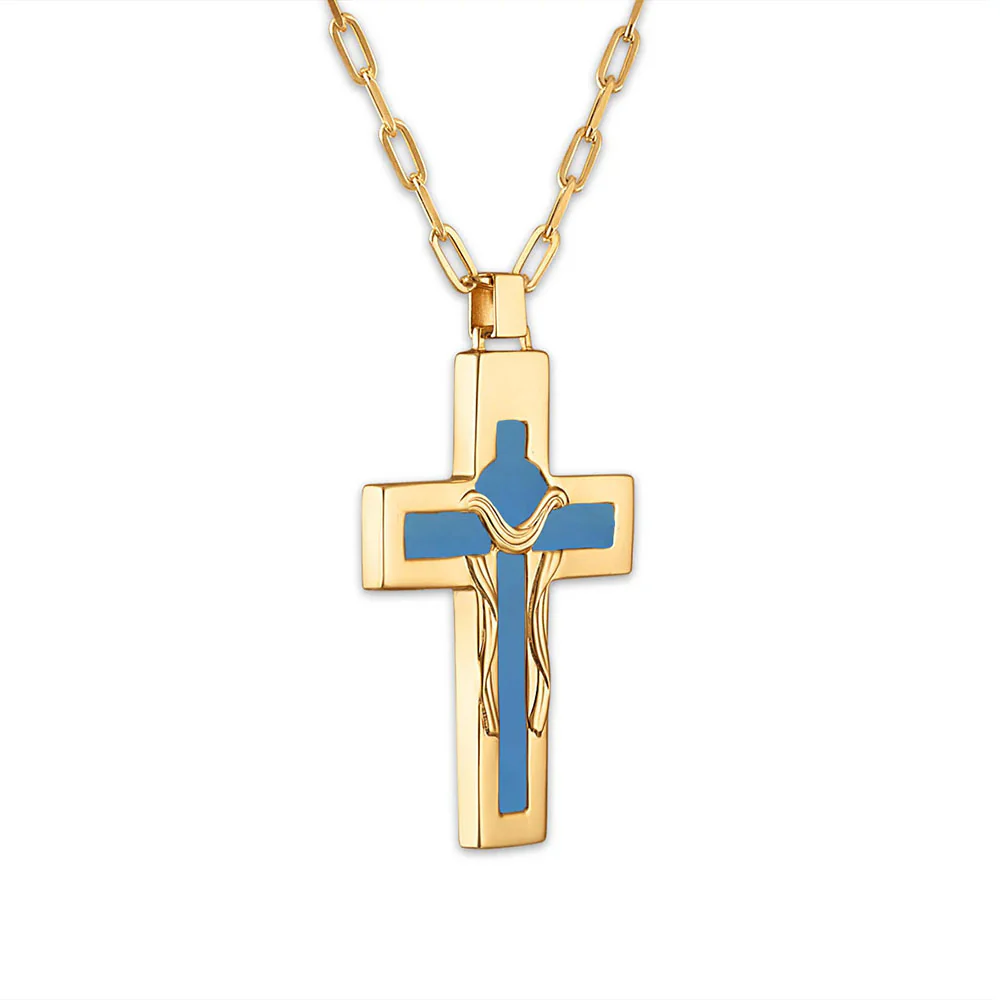 Carved Blue & White Cameo Crucifix Necklace - Image 2