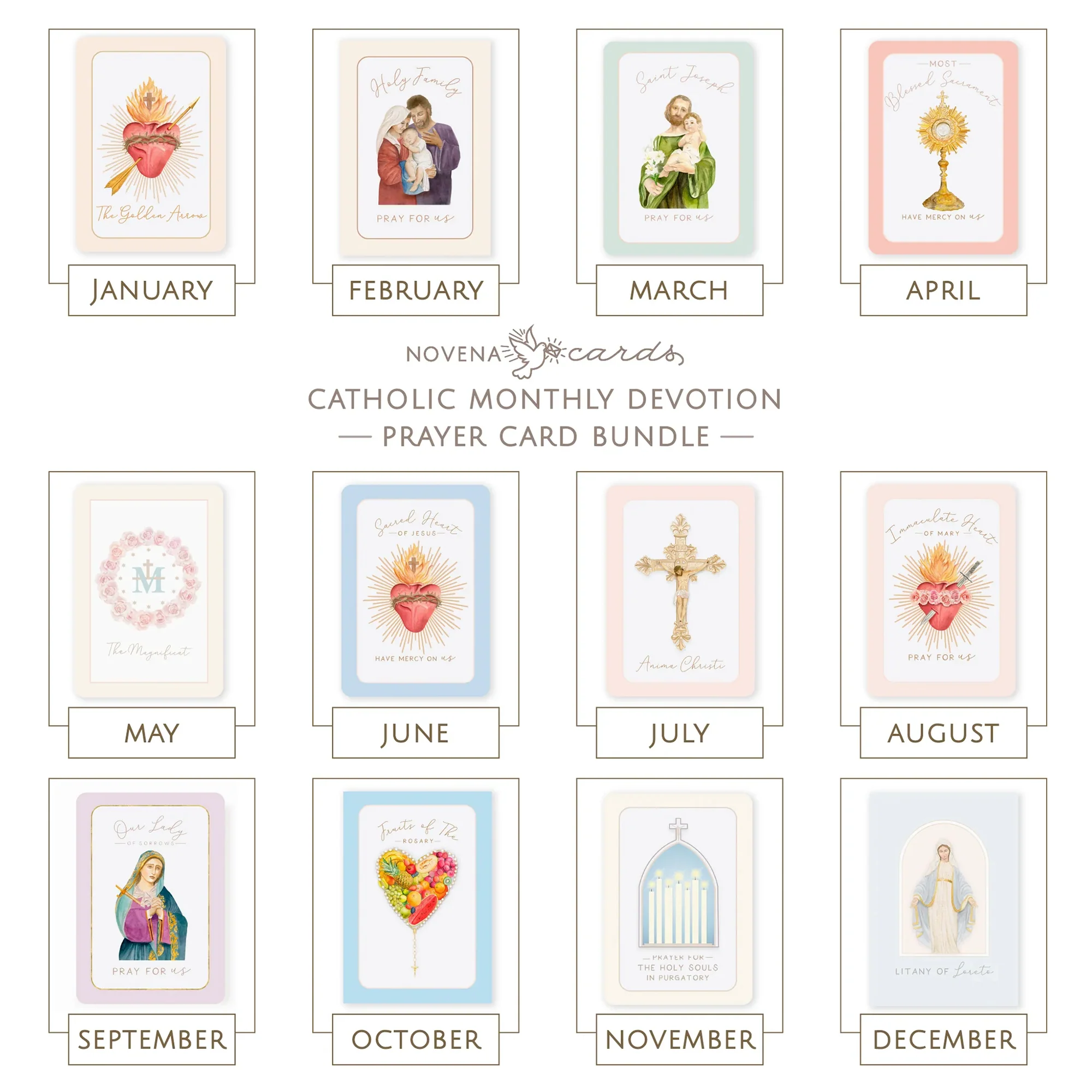 Catholic Monthly Devotions Prayer Card Bundle (12 Cards)
