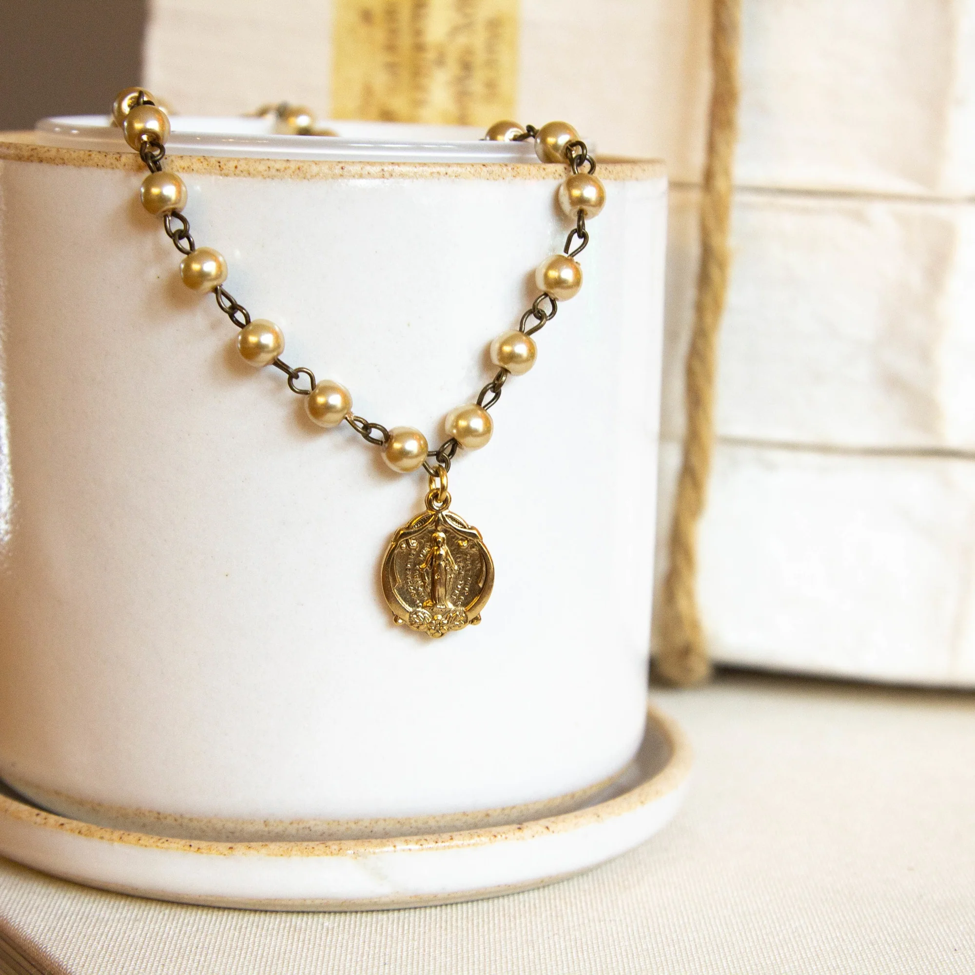 Champagne Pearl Miraculous Medal Necklace - Image 3