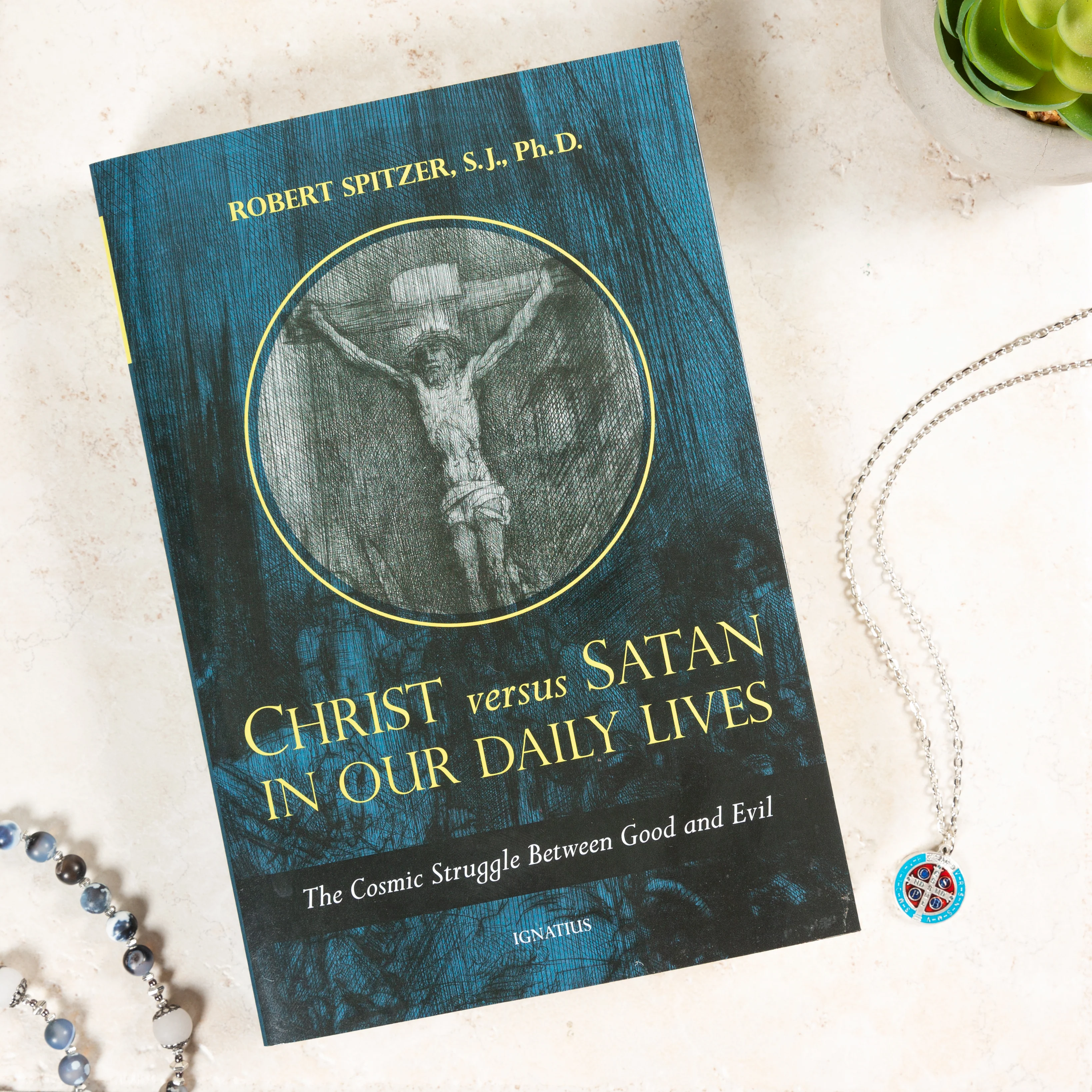 Christ Versus Satan in Our Daily Lives & St. Benedict Blue, Red, and Silver Medal on Chain (Gift Set)