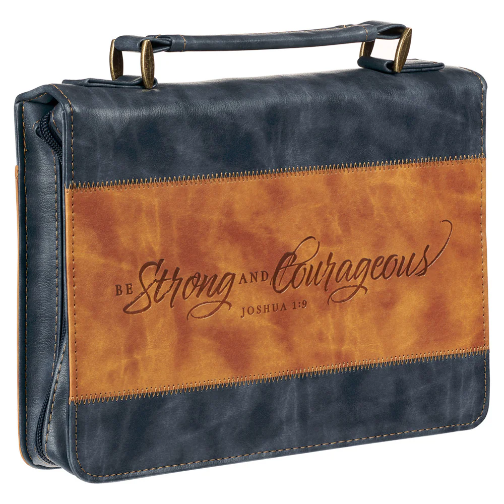 Classic Navy & Brown Strong & Courageous Bible Cover - Image 3