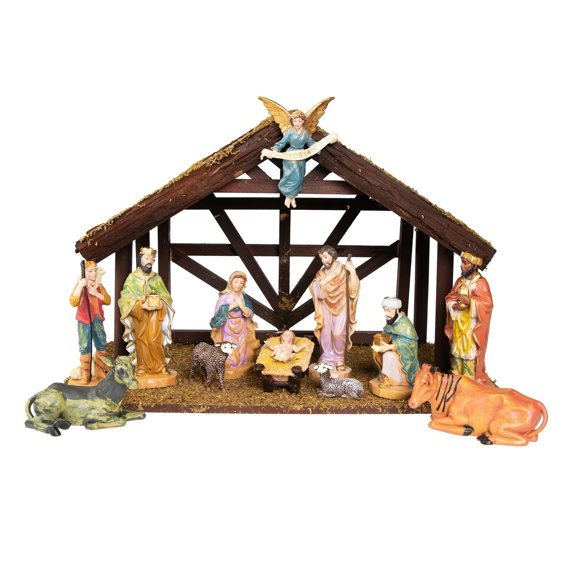 Colored Nativity Set with Wood Stable - 14 Pieces - Image 2